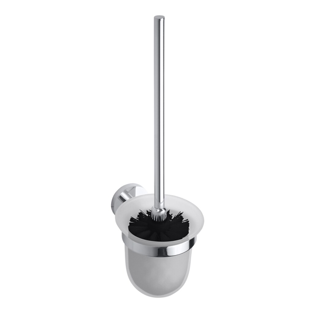 Brillantbad BOMEGA WC-Bürstengarnitur mit Glasbehälter Bürste Schwarz Messing Chrom poliert 95x360x140 mm für Bad & WC >> zum Bohren oder Kleben*