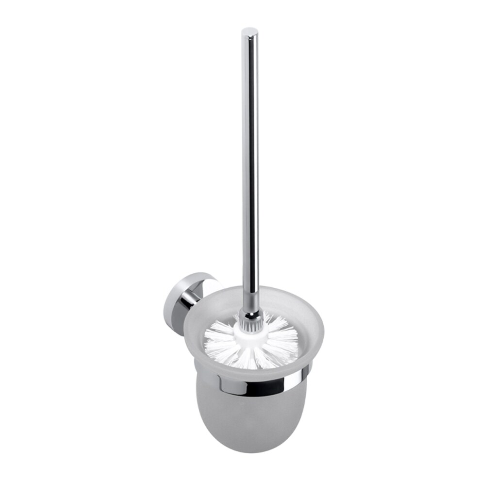 Brillantbad BOMEGA WC-Bürstengarnitur mit Glasbehälter Bürste Weiß Messing Chrom poliert 95x360x140 mm für Bad & WC >> zum Bohren oder Kleben*