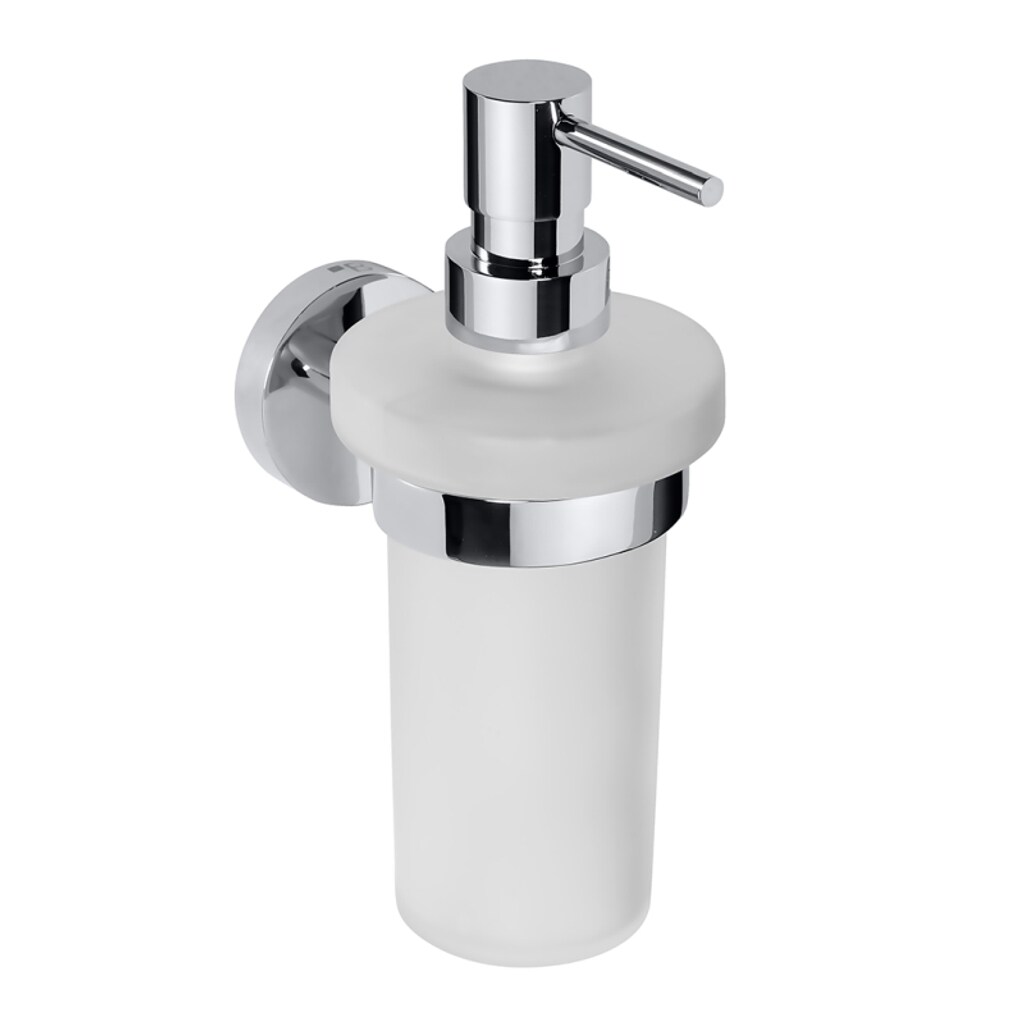 Brillantbad BOMEGA Glasseifenspender Messing Chrom poliert Milchglas 80x190x133 mm, 230 ml für Bad & Küche >> zum Bohren oder Kleben*