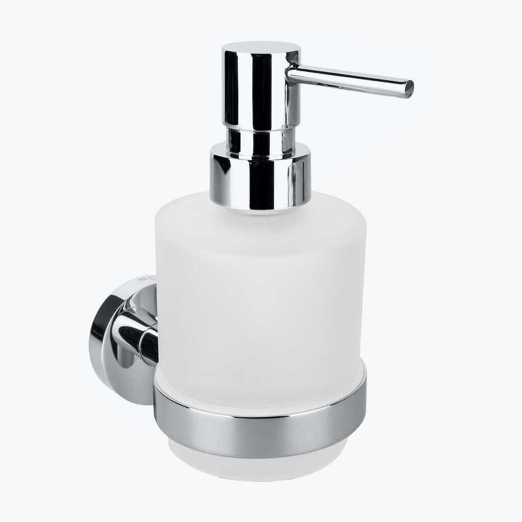 Brillantbad BOMEGA Glasseifenspender Messing Chrom poliert Milchglas 75x145x100 mm, 200 ml für Bad & Küche >> zum Bohren oder Kleben*