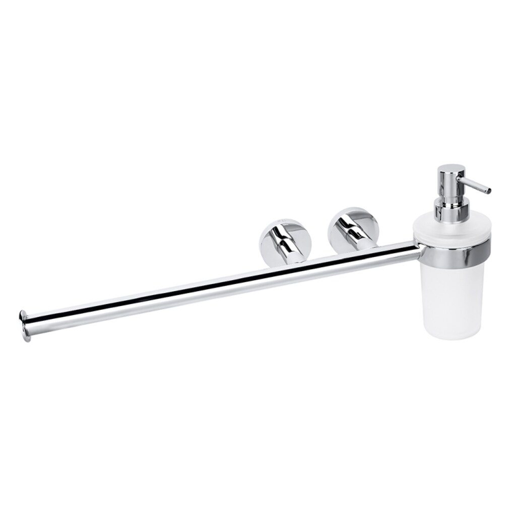 Brillantbad BOMEGA Küchenrollenhalter mit Seifenspender Messing Chrom poliert 455x180x115 mm, 230 ml für Bad & Küche >> zum Bohren oder Kleben*