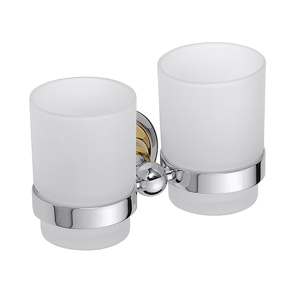 Brillantbad BETRO GOLD Doppelzahnb&uuml;rstenhalter mit Glas Messing Gold Chrom Glas 175x95x90 mm f&uuml;r Bad & K&uuml;che >> zum Bohren - Bild 1