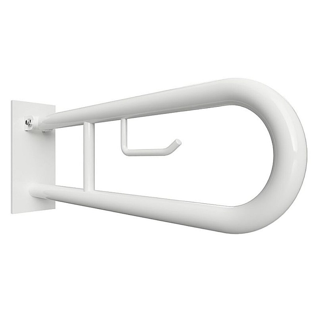 Brillantbad BELP Stützklappgriff in U-Form mit Toilettenpapierhalter Eisen Weiß mit Abdeckung 100x250x616 mm, 120 kg Traglast für Bad & WC >> zum Bohren