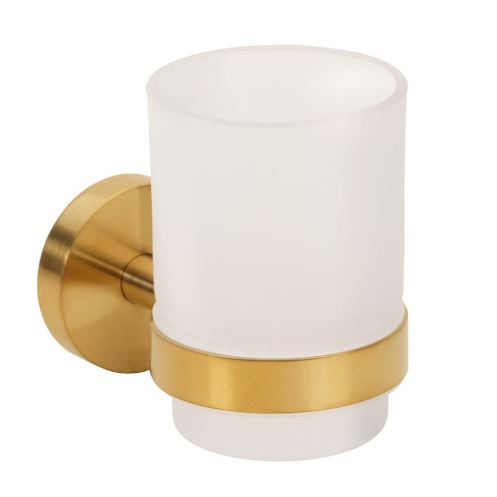 Brillantbad BABLO Glashalter mit Glas Messing Gold matt Milchglas 105x70x95 mm für Bad & Küche >> zum Bohren oder Kleben*