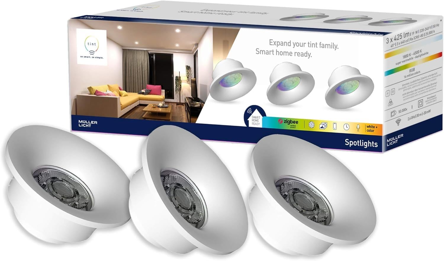 tint 3er-Set Smarte LED Spotlights mit wei&szlig;em und farbigem Licht RGB &Oslash; 76mm - Bild 1