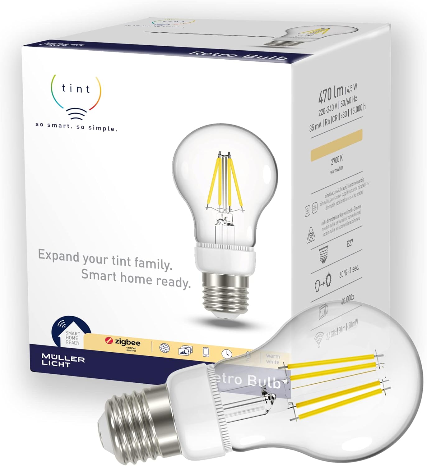 tint Smarte LED-Birne Retro &ndash; Dimmbare E27 Gl&uuml;hbirne mit warmwei&szlig;em Licht 2700 K, 5W - Bild 1