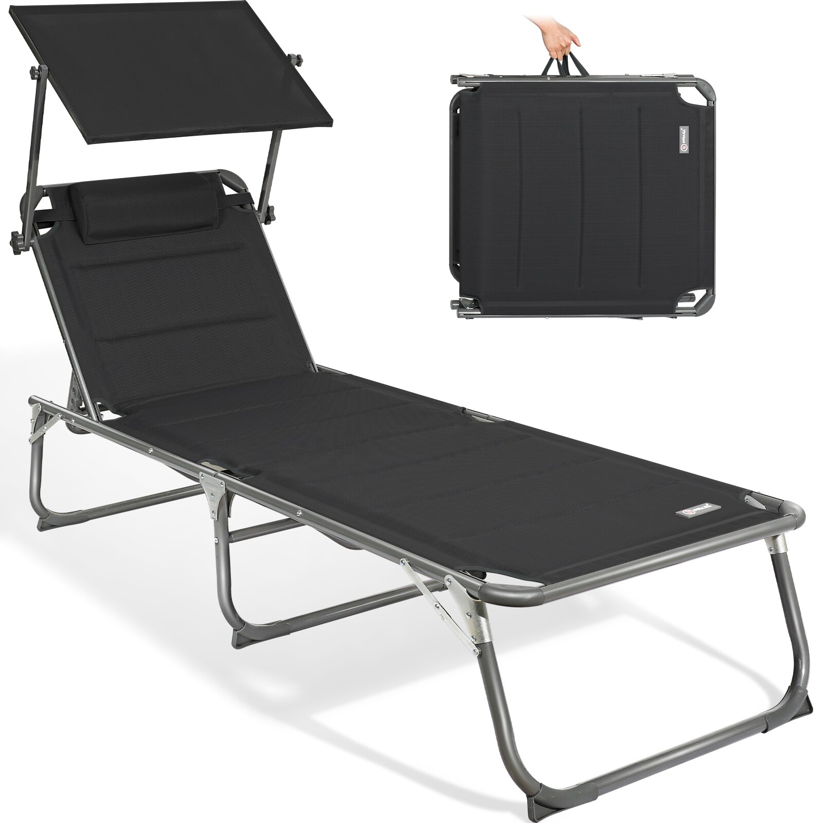 HOMECALL Klappbar-Gartenliege Sonnenliege Liegestuhl, Textilene Mit Dickem Schwamm, Mit Verstellbare Rückenlehne, bis 180KG, Schwarz
