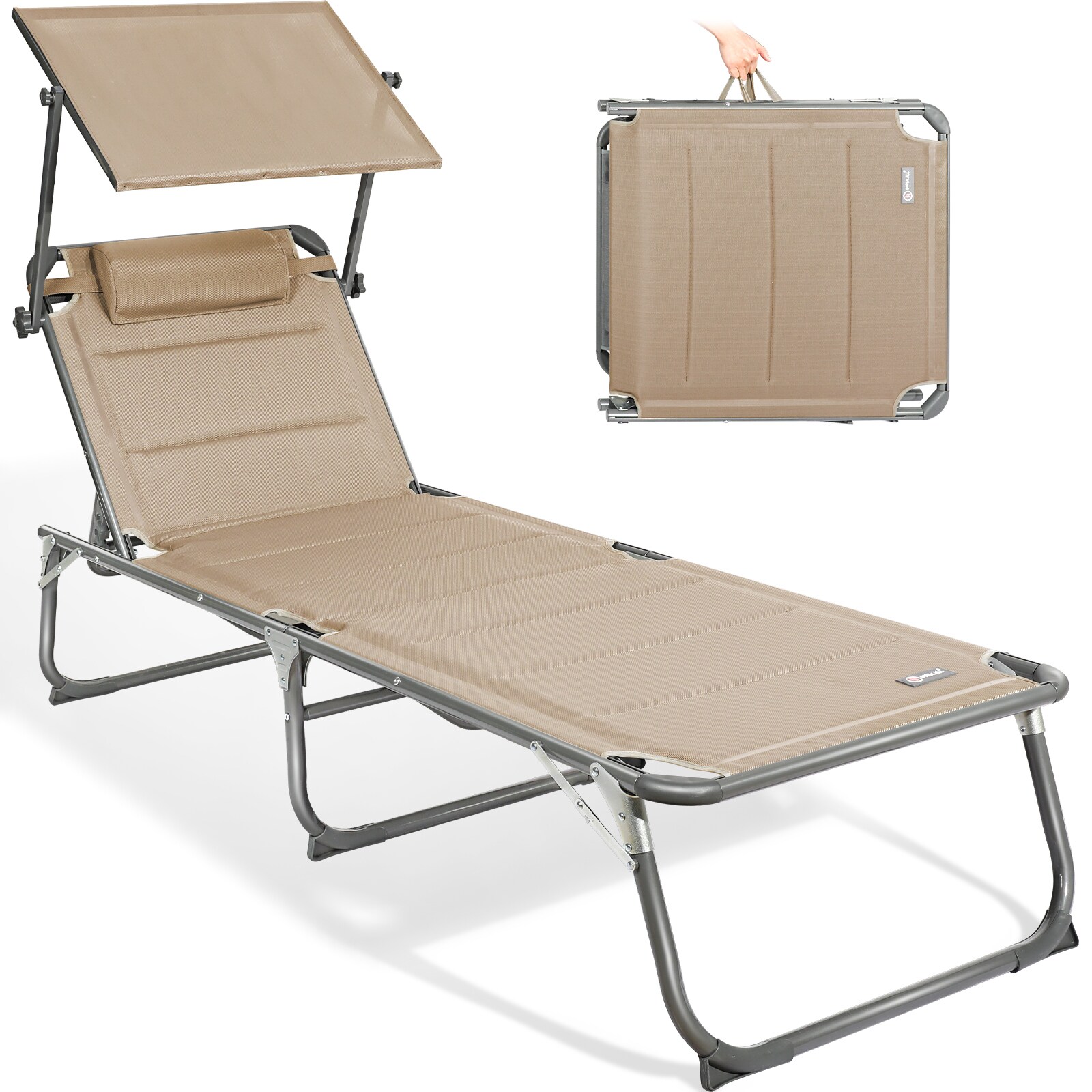 HOMECALL Klappbar-Gartenliege Sonnenliege Liegestuhl, Textilene Mit Dickem Schwamm, Mit Verstellbare Rückenlehne, bis 180KG, Beige