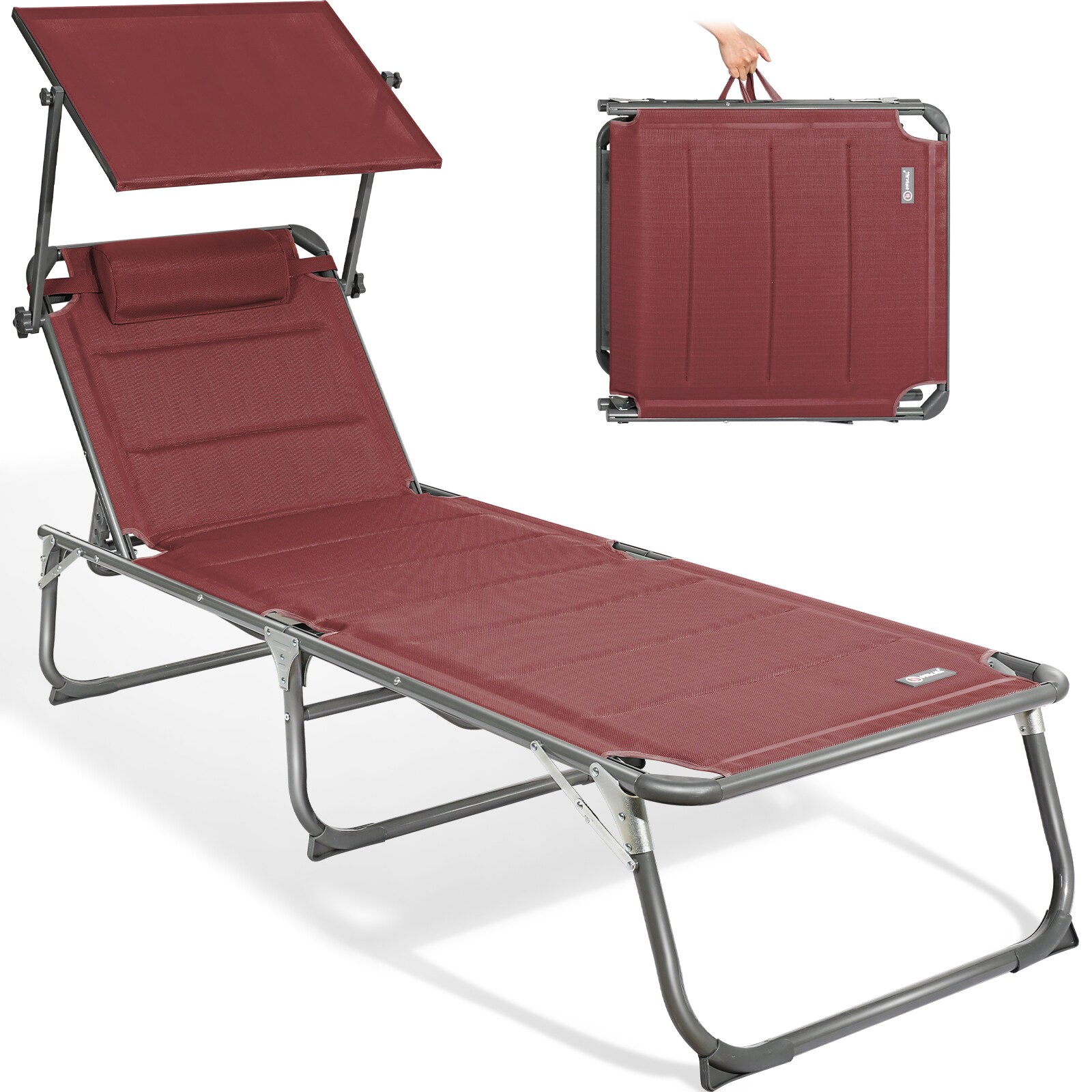 HOMECALL Klappbar-Gartenliege Sonnenliege Liegestuhl, Textilene Mit Dickem Schwamm, Mit Verstellbare Rückenlehne, bis 180KG, Rot