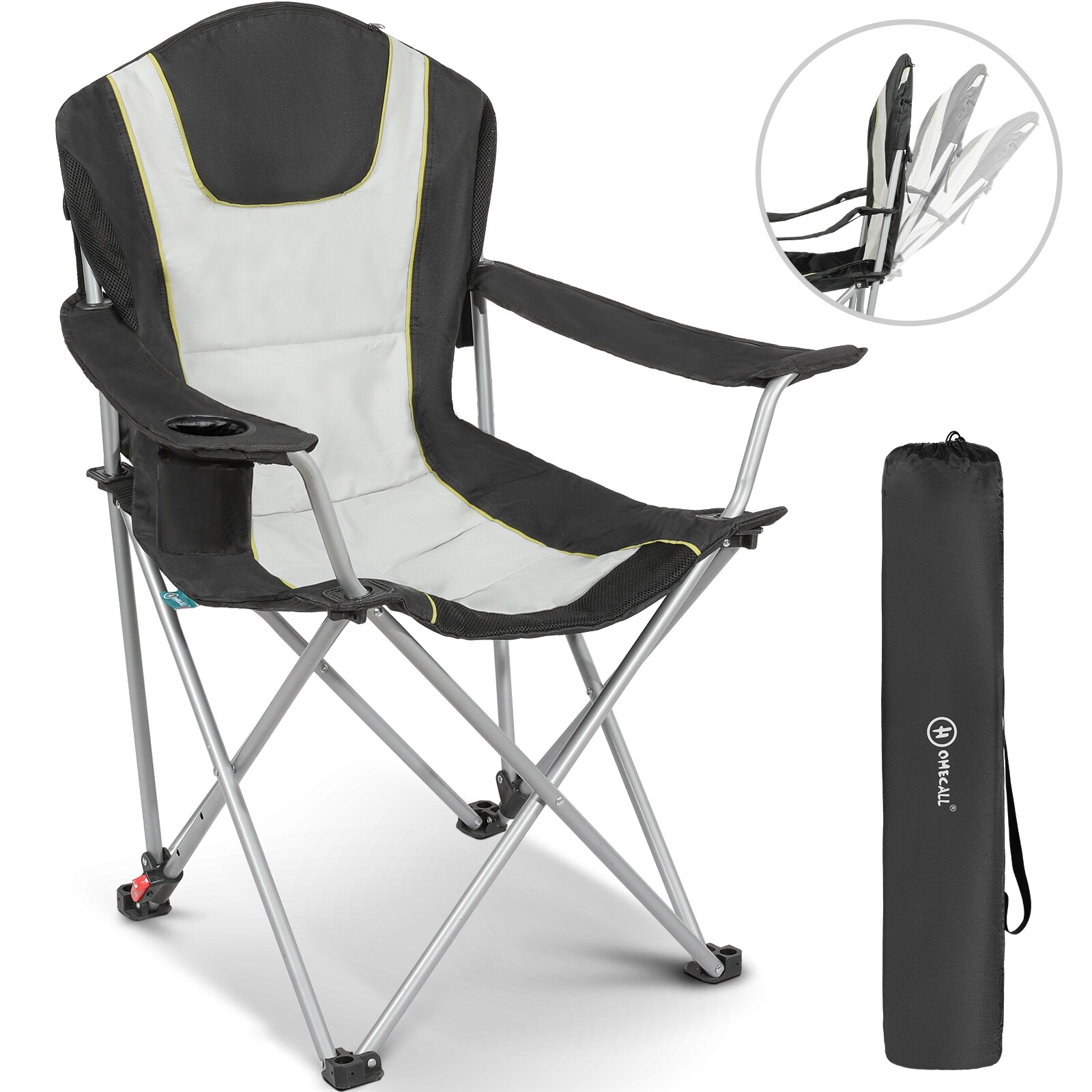HOMECALL Campingstuhl Anglerstuhl Klappbar, Getränkehalter, Gepolstert, 3 fach Verstellbare Rückenlehne, bis 150KG