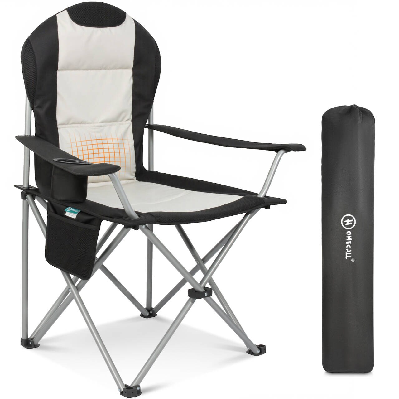 HOMECALL Klappbar Campingstuhl, Hochlehner Angelstuhl, mit Getränkehalter, weiß/schwarz