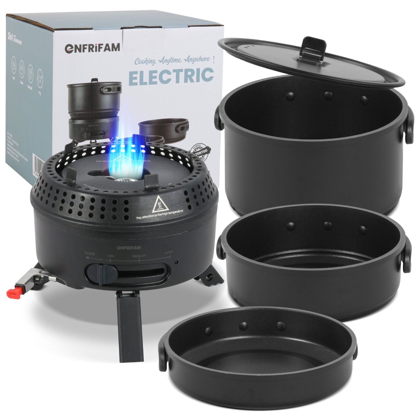 ENFRIFAM Topf-Set Campingkocher, Gaskocher Outdoor Kochgeschirr, Tragbar Reisekocher , Aluminium.Kombiniere 700W Elektrische und 2200W Gas, 1 flammig, f&uuml;r 2-4 Personen , f&uuml;r Picknick Backpacking Camping Wandern - Bild 1