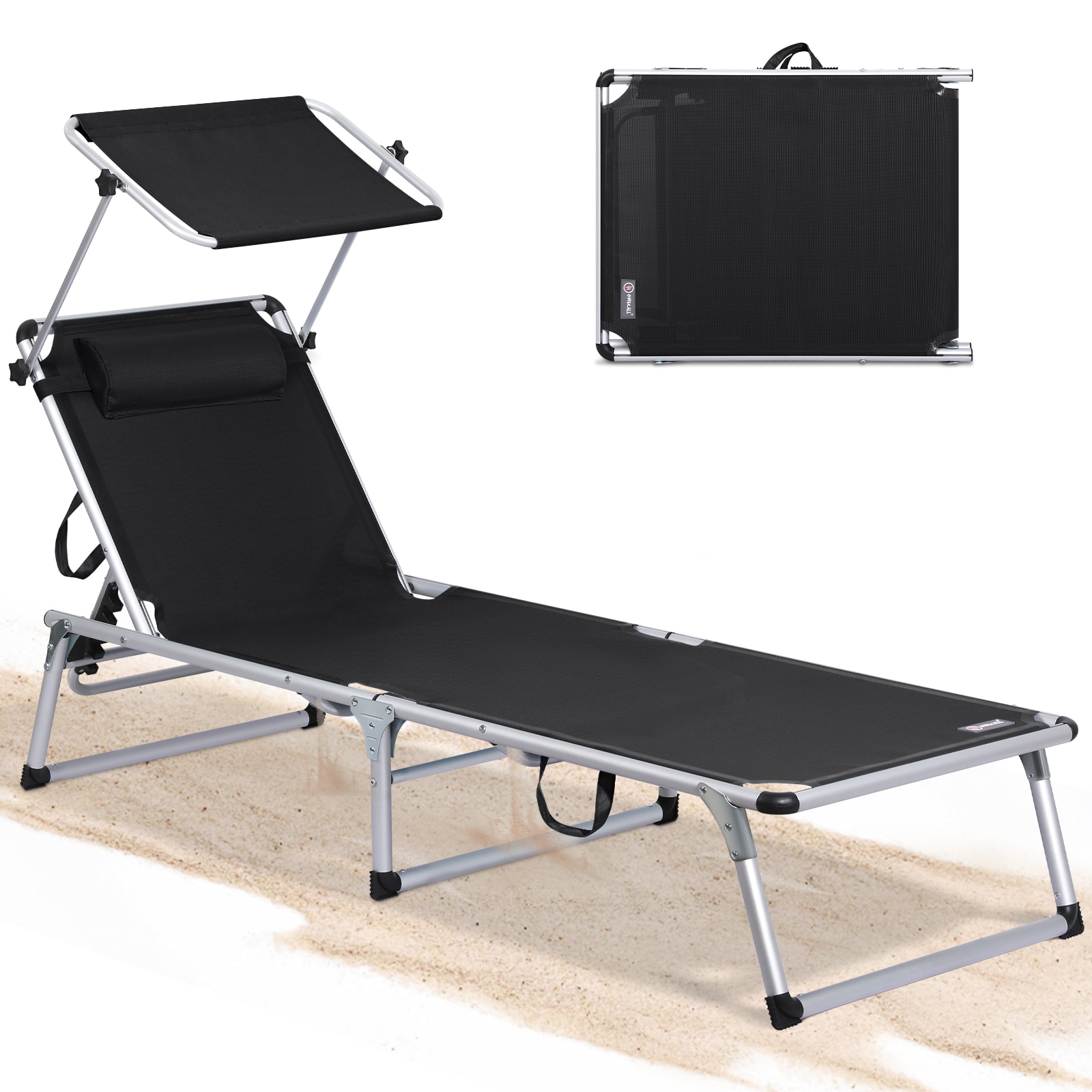 HOMECALL Strandliege Leicht Alu Sonnenliege, 5 fach Verstellbare R&uuml;ckenlehne, mit Sonnenschutzdach, bis 120KG, schwarz - Bild 1