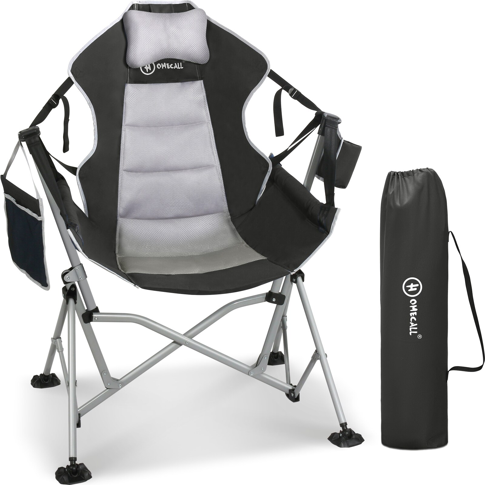 HOMECALL Campingstuhl Stühleschaukelstuhl Faltbare Hängestuhl (Biz 180 KG, mit verstellbarer Rückenlehne, Lordosenstütze und Kopfstütze), Schwarz