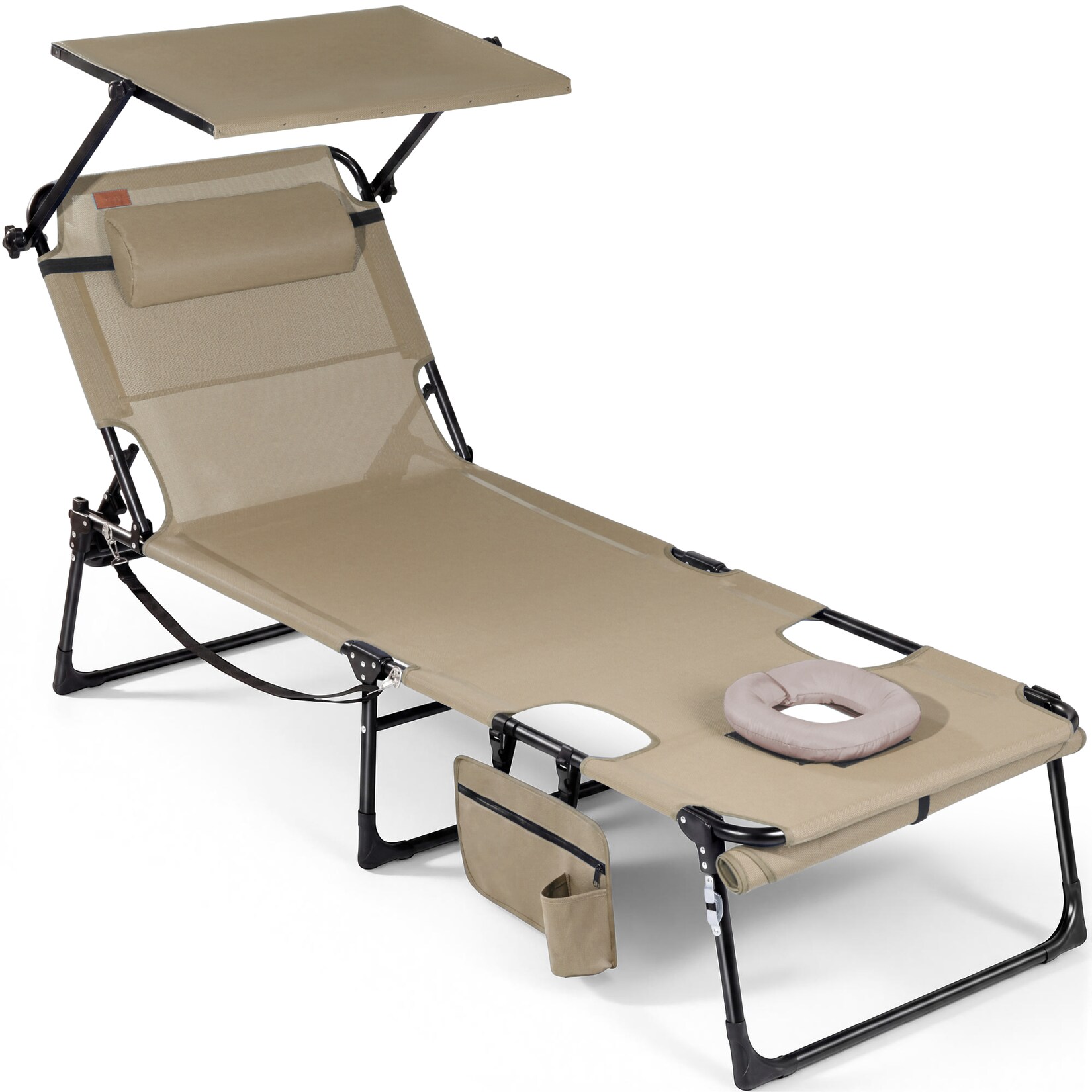 HOMECALL Gartenliege Sonnenliege mit Gesichtsöffnung und Sonnendach, klappbarer Liegestuhl-bis 180KG(Beige 1 st)