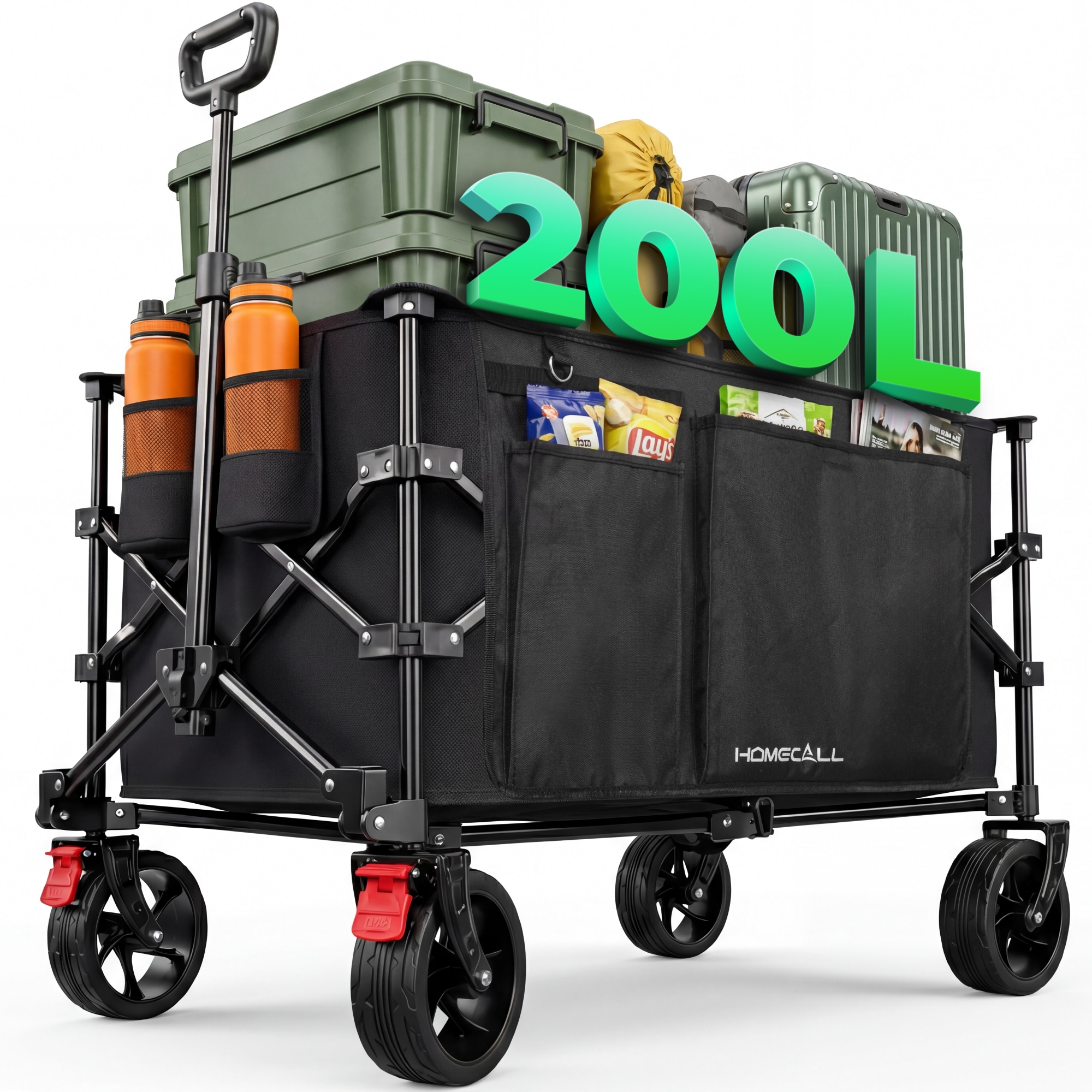 HOMECALL Bollerwagen Handwagen 200L 200kg XXL-Volumen mit praktischer K&uuml;hltasche (Schwarz) - Bild 1