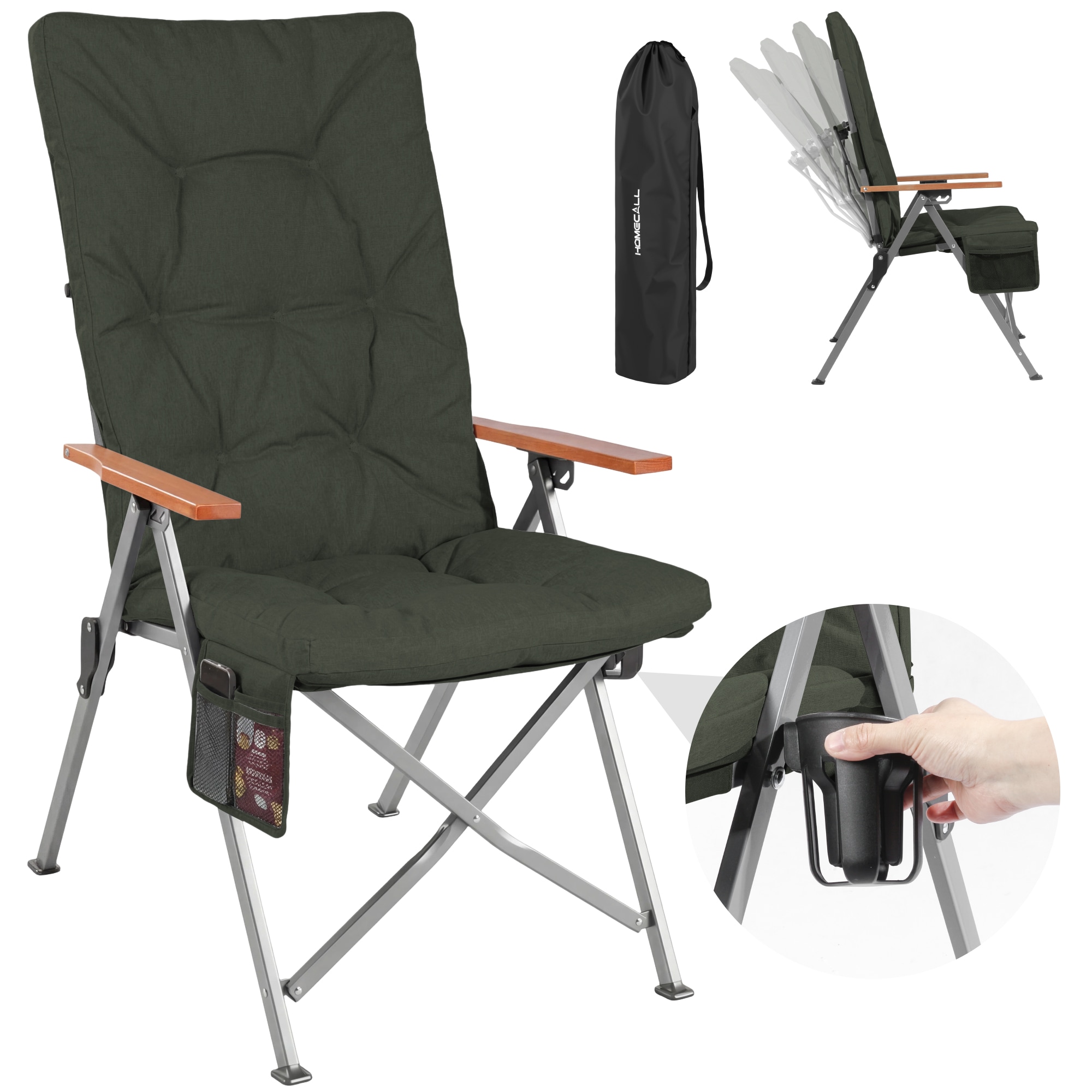 Homecall Campingstuhl Faltbar Hochlehner Luxus Klappstuhl mit 4,5cm Dicke Gepolstert, (150kg Belastbar mit 4 Positionen Verstellbar Angelstuhl, 1 St), f&uuml;r Garten Balkon Wohnmobil (dunkelgrau) - Bild 1