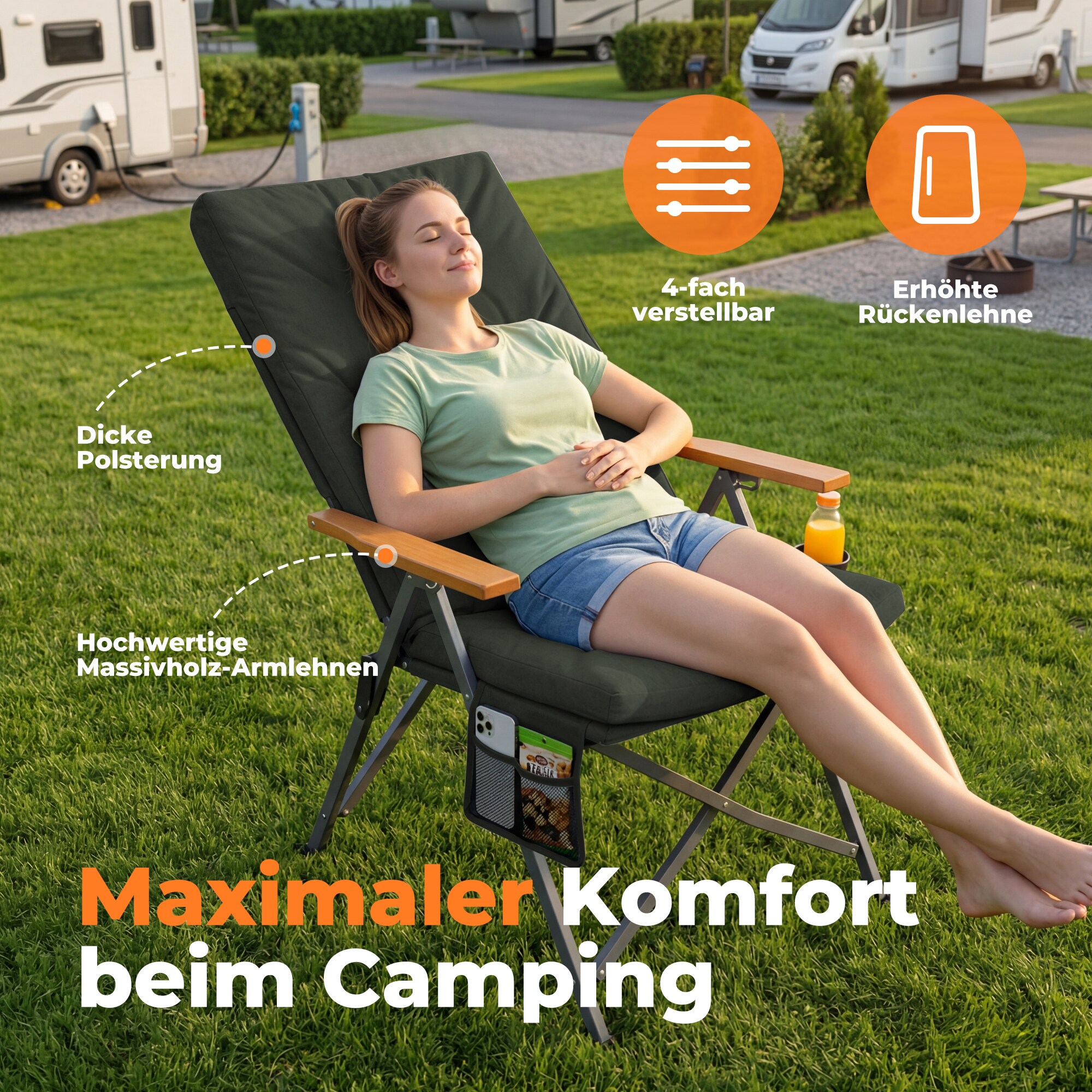Homecall Campingstuhl Faltbar Hochlehner Luxus Klappstuhl mit 4,5cm Dicke Gepolstert, (150kg Belastbar mit 4 Positionen Verstellbar Angelstuhl, 2 St), für Garten Balkon Wohnmobil (dunkelgrau) online kaufen bei Netto