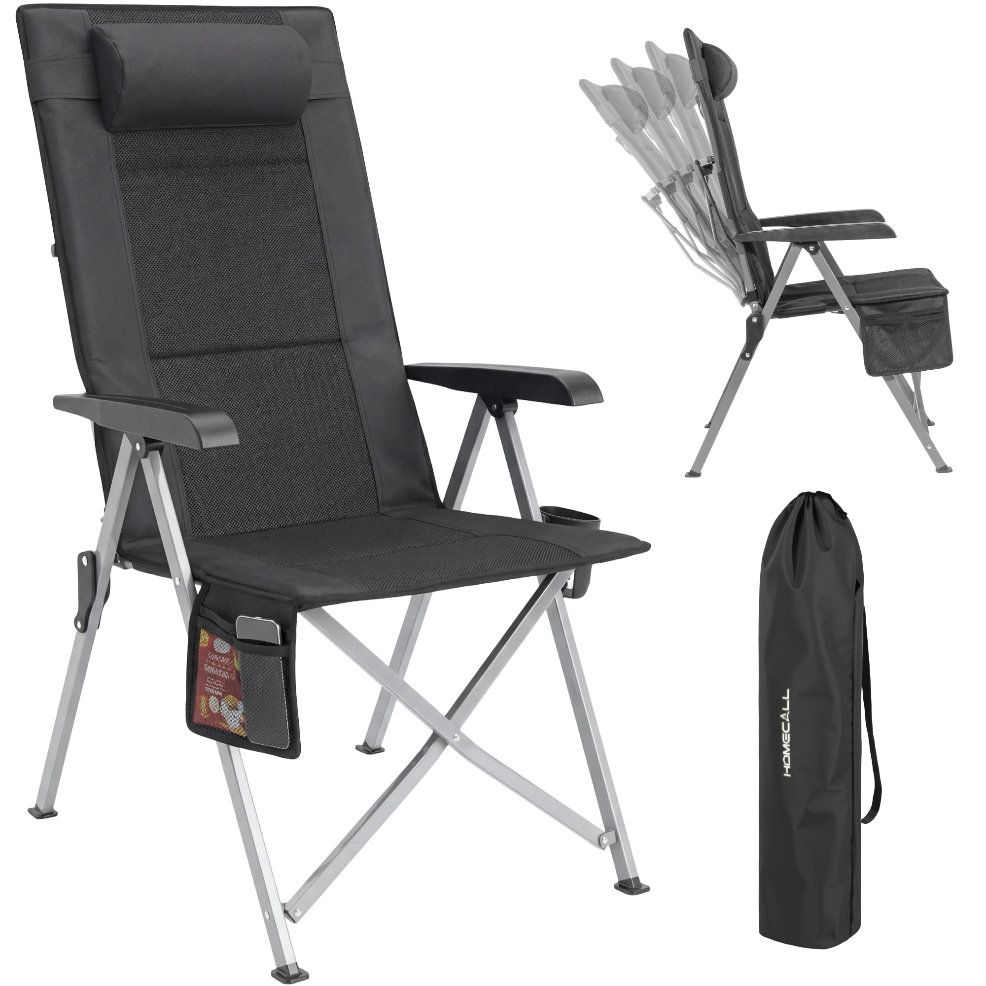Homecall Klappstuhl Campingstuhl Faltbar 72 cm Hochlehner Luxus Klappstuhl, (Tragf&auml;higkeit 150 KG, 3D-Mesh + 600D Oxford, Multifunktions-Aufbewahrung), Leicht (4,6 kg) f&uuml;r Outdoor, Garten, Picknick (schwarz) - Bild 1