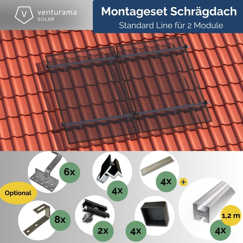 Montageset &ndash; Schr&auml;gdach/Ziegeldach &ndash; f&uuml;r 2 x PV-Module Standardsystem - Bild 1