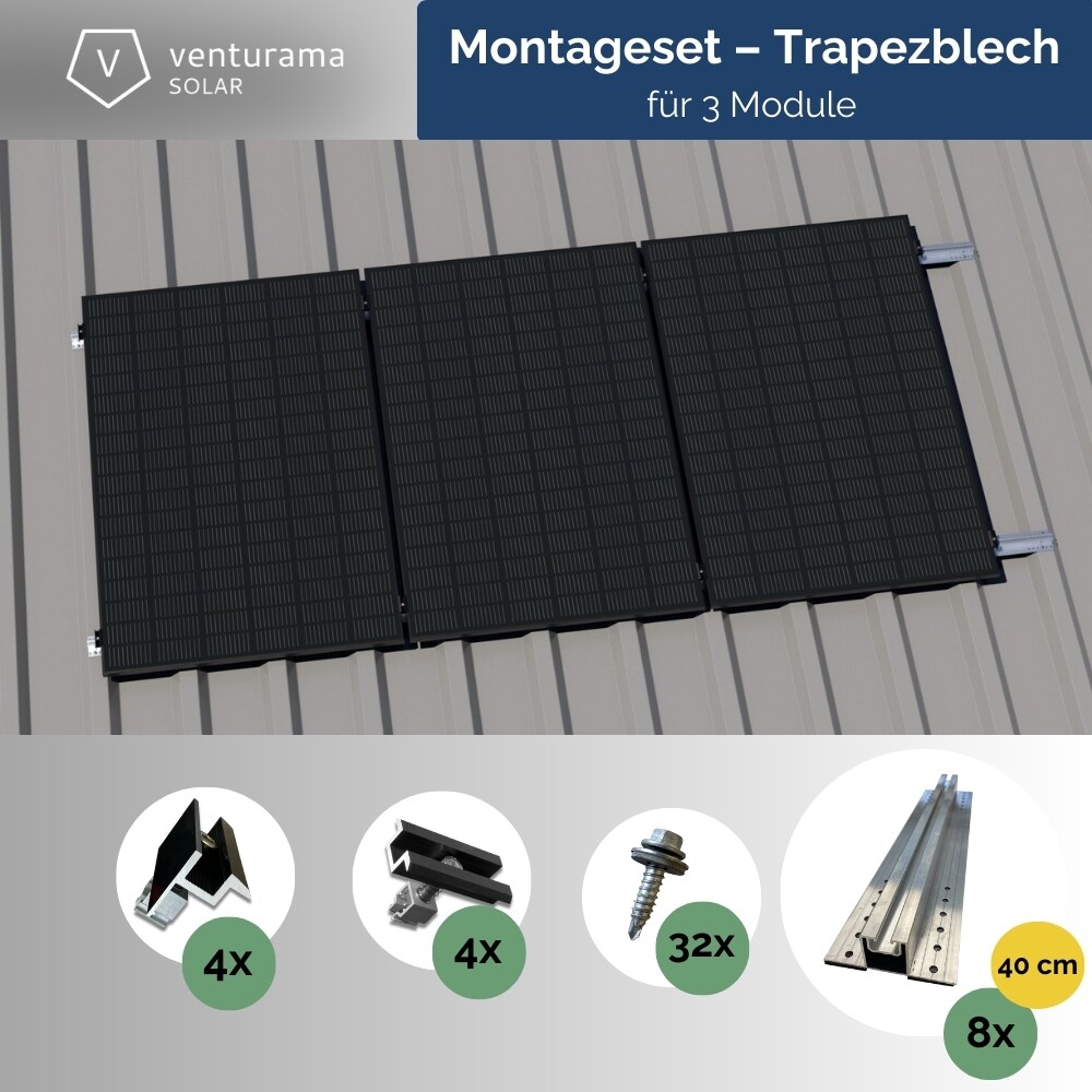 Montageset &ndash; Trapezblech &ndash; f&uuml;r 3 x PV-Module (hochkant, nebeneinander) - Bild 1