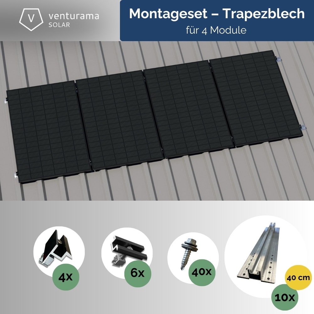 Montageset &ndash; Trapezblech &ndash; f&uuml;r 4 x PV-Module (hochkant, nebeneinander) - Bild 1