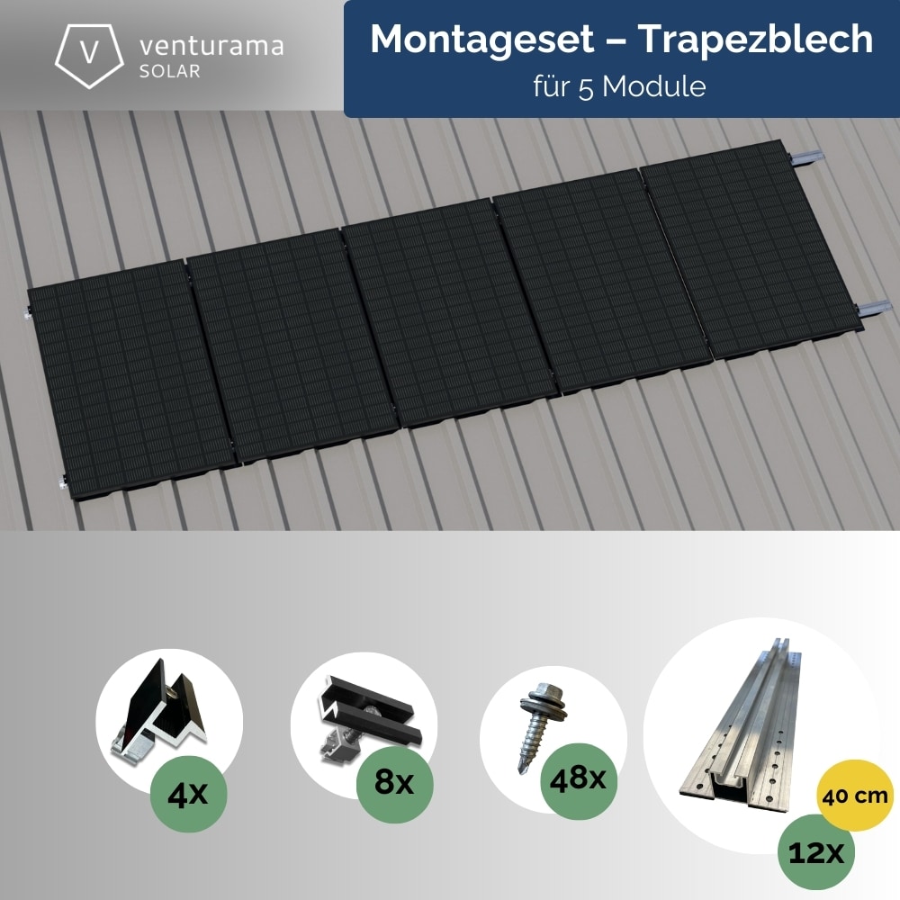 Montageset &ndash; Trapezblech &ndash; f&uuml;r 5 x PV-Module (hochkant, nebeneinander) - Bild 1