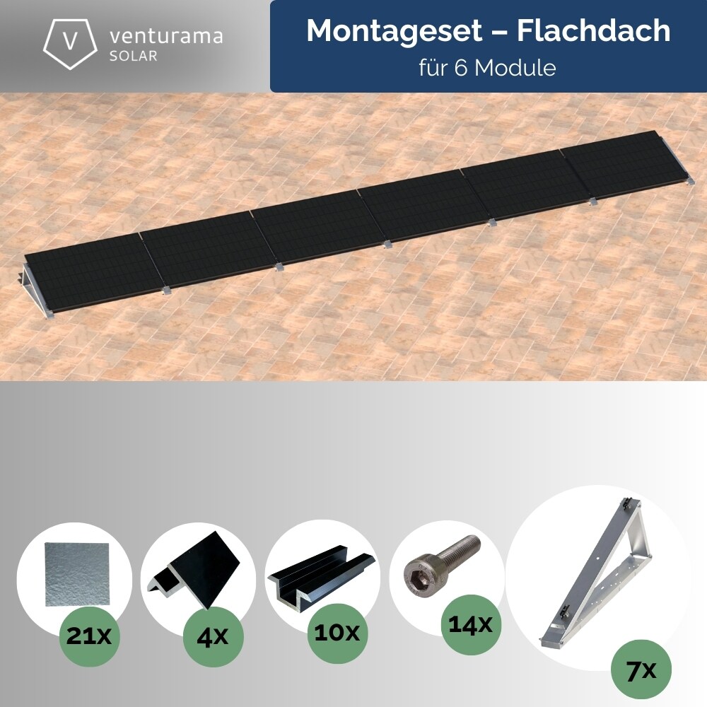 Flachdach-Aufständerung - "Flat-Flex"-Set - für 6 x PV-Module (nebeneinander)