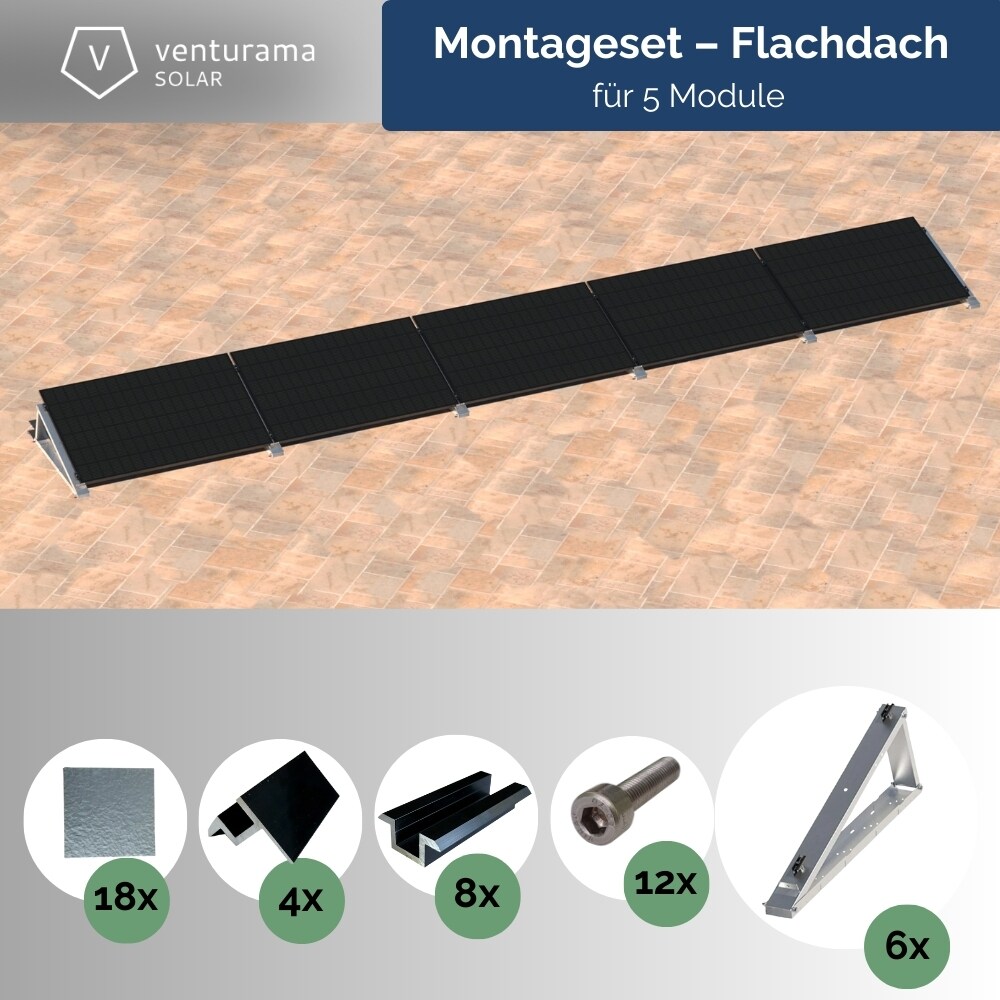 Flachdach-Aufständerung - "Flat-Flex"-Set - für 5 x PV-Module (nebeneinander)