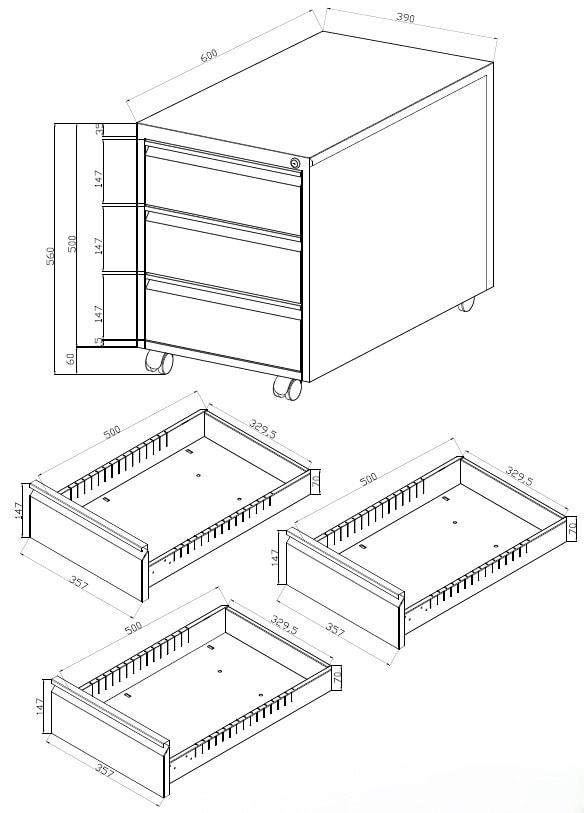 CEHA Rollcontainer ST600 mit 3 Sch&uuml;ben in RAL9005 (tiefschwarz) - Bild 1