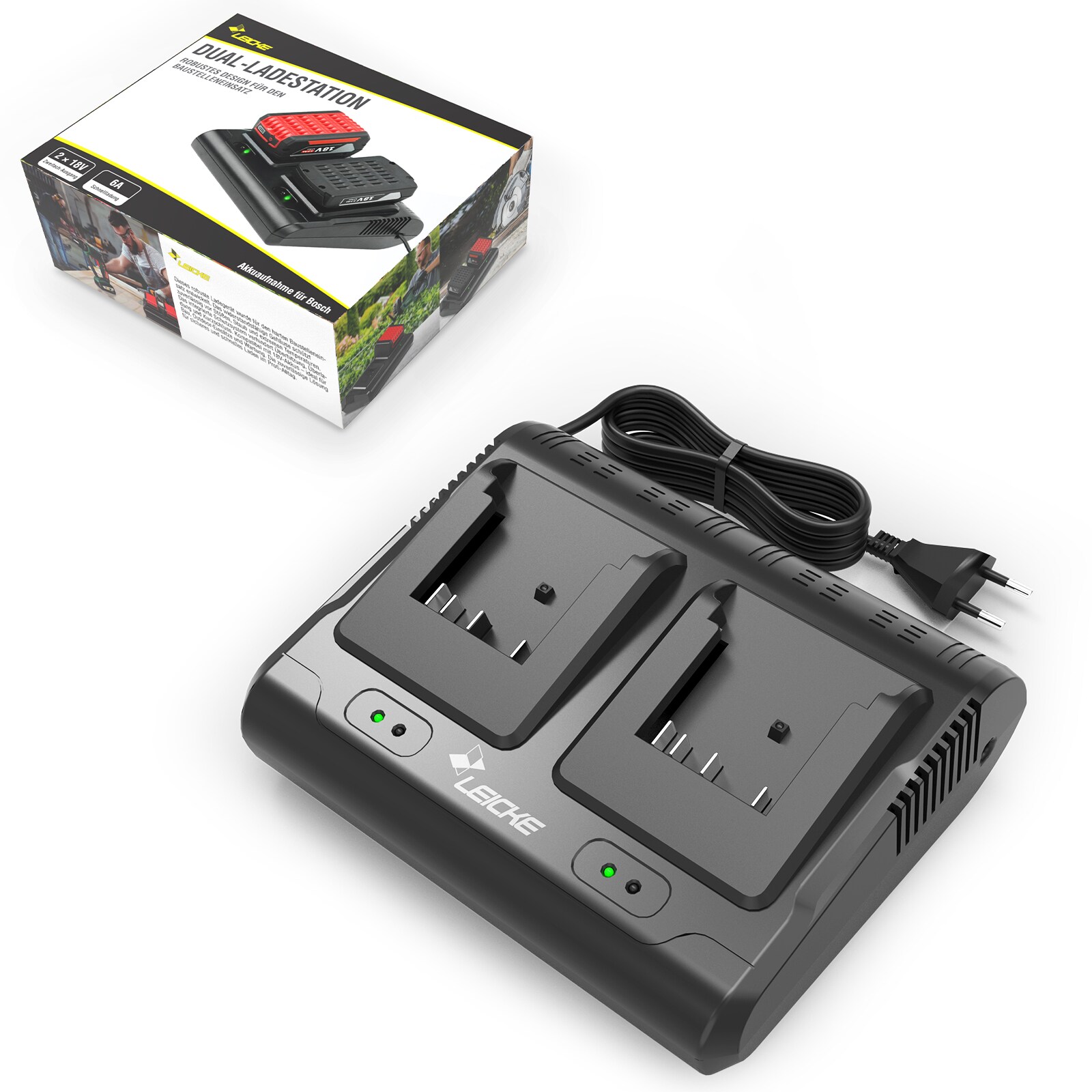 LEICKE Doppelladestation Dual-Slot Akku Werkzeug Ladegerät 14,4–18V 6A | 04050296305712