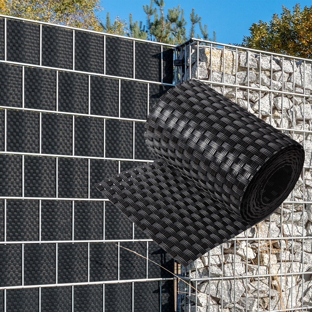 NYVI Polyrattan Sichtschutzstreifen Privafence 255 x 19 cm - Sichtschutz f&uuml;r Doppelstabmatten Zaun Farbe:Schwarz;Anzahl:5 - Bild 1