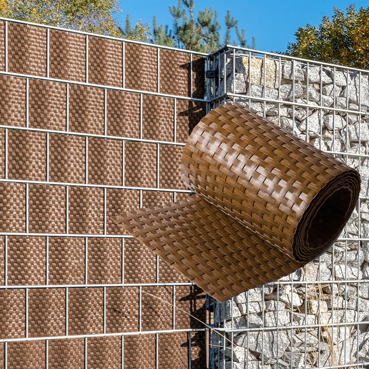 NYVI Polyrattan Sichtschutzstreifen Privafence 255 x 19 cm - Sichtschutz f&uuml;r Doppelstabmatten Zaun Anzahl:6;Farbe:Honig - Bild 1