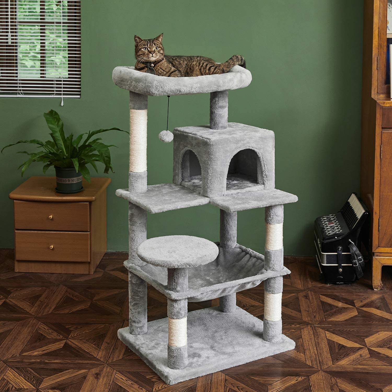 NYVI Katzen Kratzbaum Mayor 118 cm Grau - Deluxe Katzenbaum mit Katzenh&ouml;hle, Plattform, H&auml;ngematte, Katzenspielzeug und Sisal Kratzs&auml;ule - Bild 1
