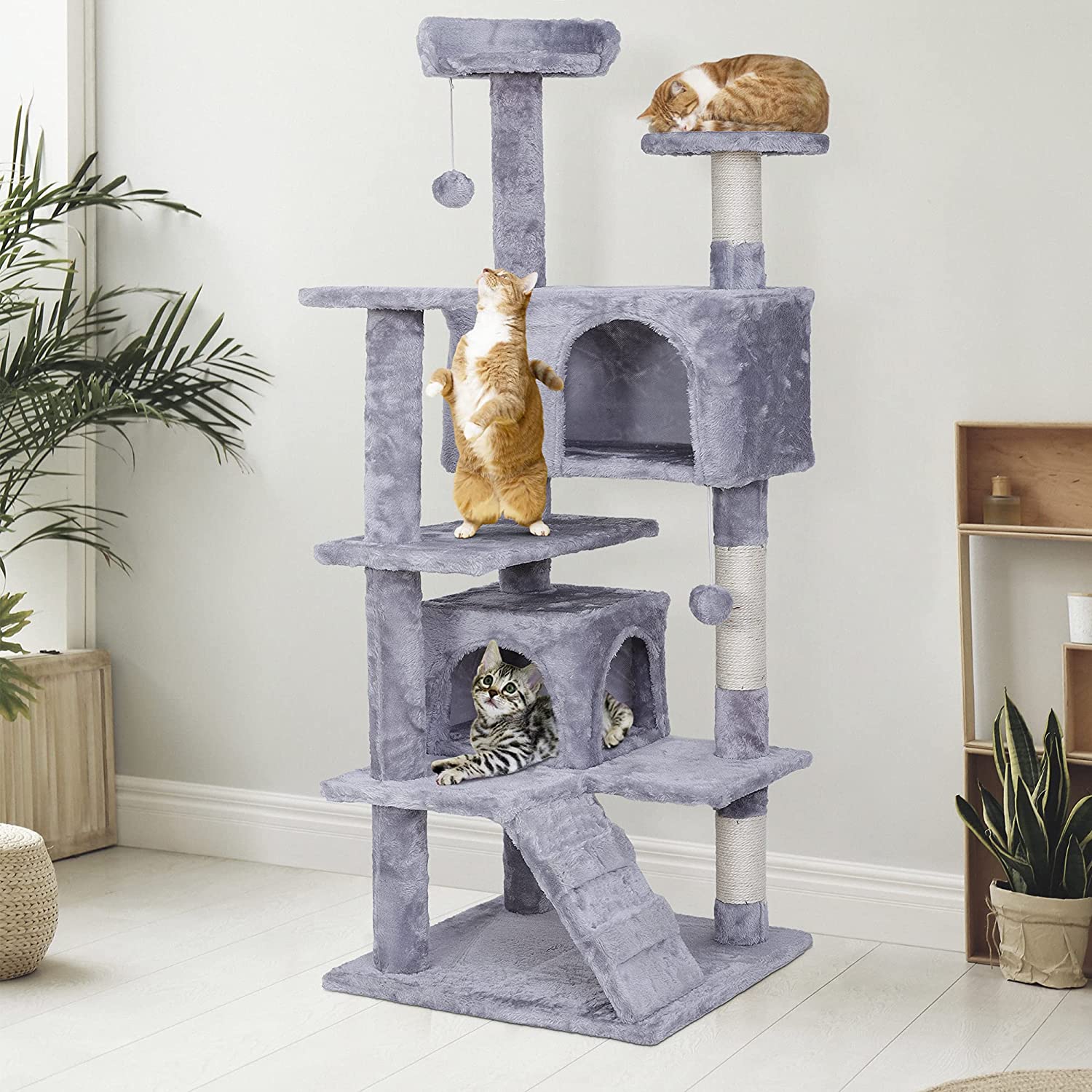 NYVI Katzen Kratzbaum Luzifer 134 cm Grau - Deluxe Katzenbaum mit Katzenh&ouml;hlen, Plattformen, Katzenspielzeug und Sisal Kratzs&auml;ule - Bild 1