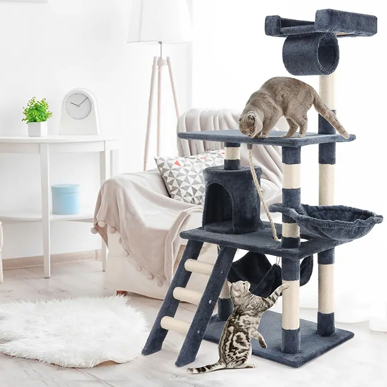 NYVI Katzen Kratzbaum Balu 141 cm Anthrazit - Deluxe Katzenbaum mit Katzenhöhle, Seil, Plattform, Sisal Kratzsäule und Hängematten