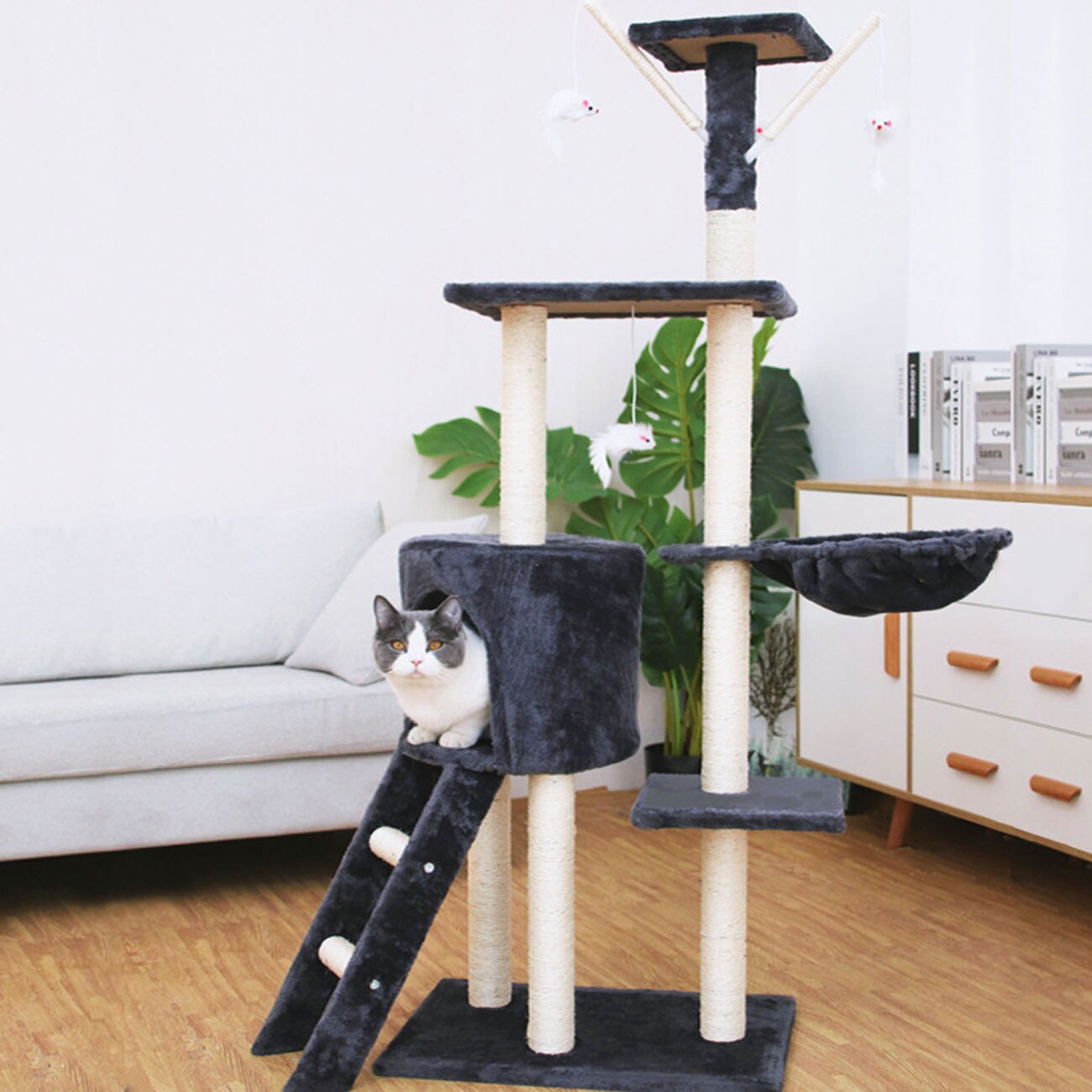 NYVI Katzen Kratzbaum Simba 142 cm Dunkelgrau – Deluxe Katzenbaum mit Katzenhöhle, Spielzeug, Plattform, Sisal Kratzsäule und Hängematte | 04262366130807