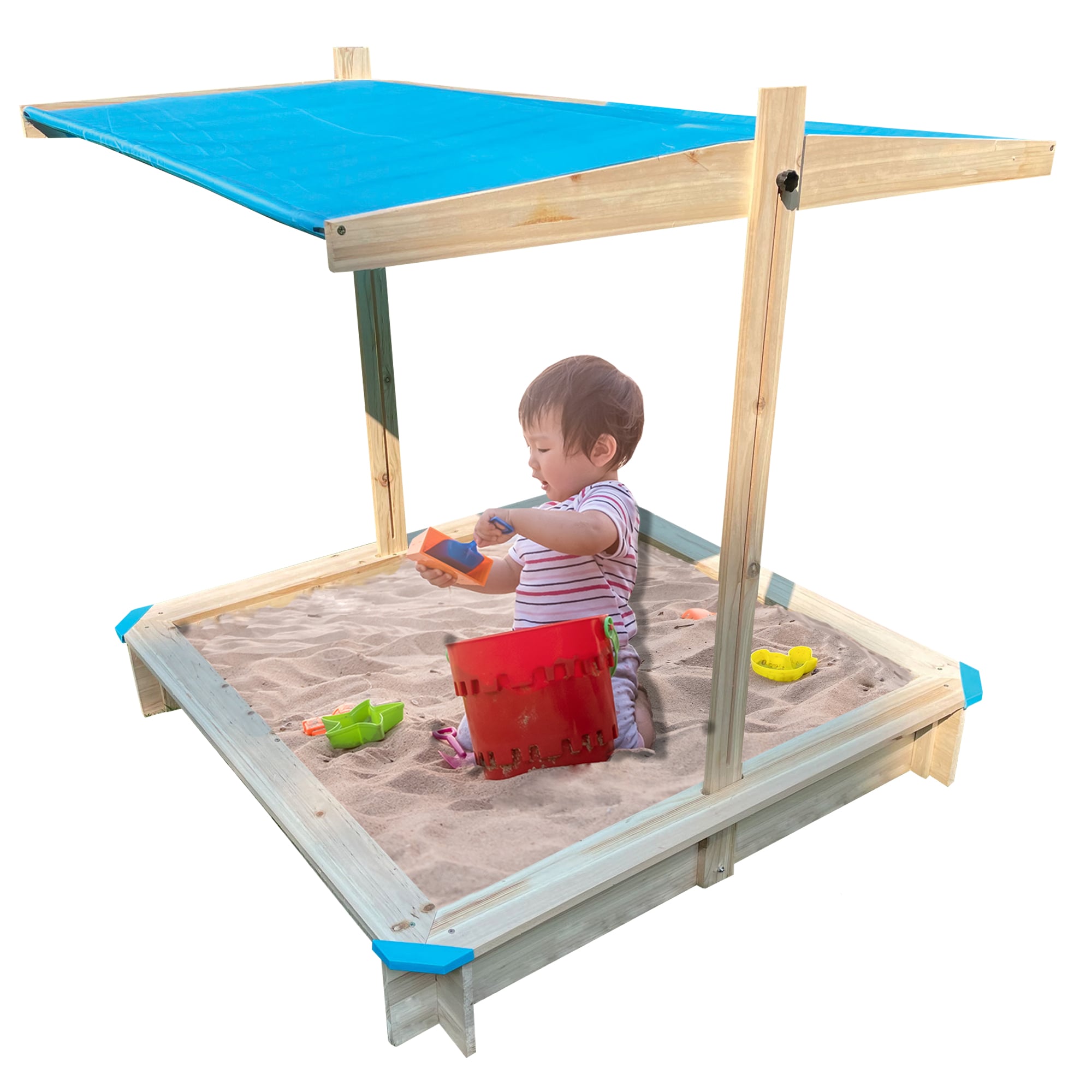 NYVI Kinder Sandkasten mit Dach NYVIKids Lucia 116x116 cm - Sandkasten mit verstellbarer Sonnenschutz Abdeckung & 4 Sitzb&auml;nken - Bild 1