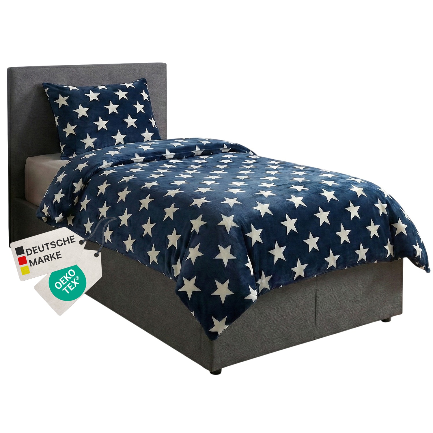 NYVI  Winter Bettw&auml;sche CozyStar Soft 2-teilig 1x Bettbezug 135x200 + 1x Kissenbezug 80x80 Sterne Farbe:Dunkelblau - Bild 1