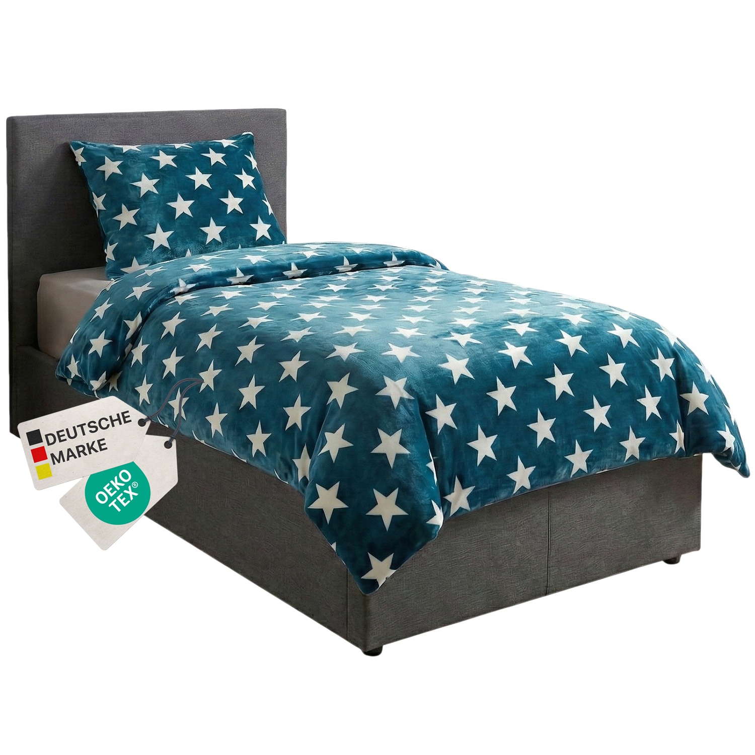 NYVI  Winter Bettw&auml;sche CozyStar Soft 2-teilig 1x Bettbezug 135x200 + 1x Kissenbezug 80x80 Sterne Farbe:Petrol - Bild 1