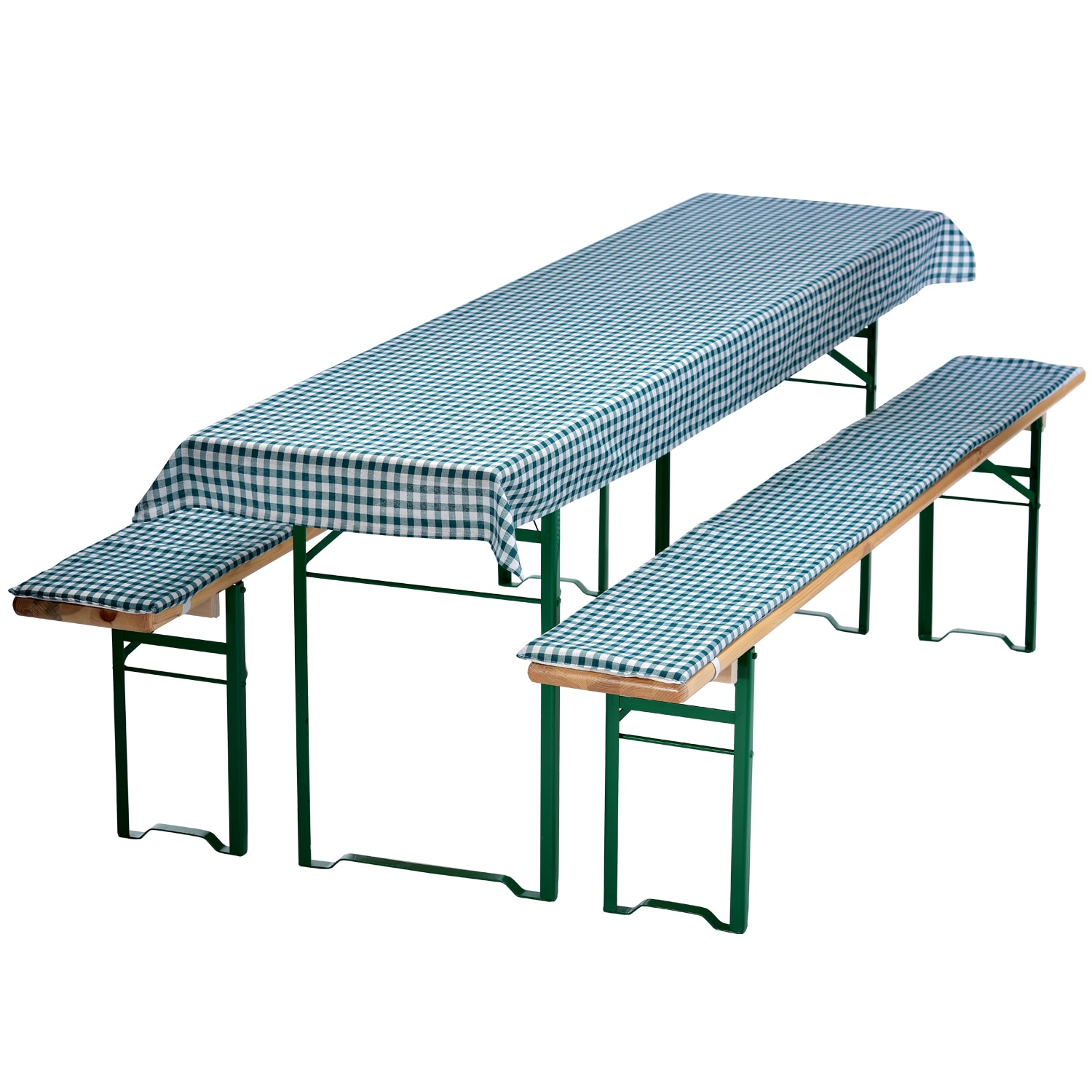 NYVI Bierbankauflagen Set NYVIGala 3 teilig - Auflagen f&uuml;r Bierzeltgarnitur - Tischdecke f&uuml;r Biertisch & Sitzpolster f&uuml;r Bierb&auml;nke Gr&ouml;&szlig;e:130x70 cm;Farbe:Gr&uuml;n Kariert - Bild 1