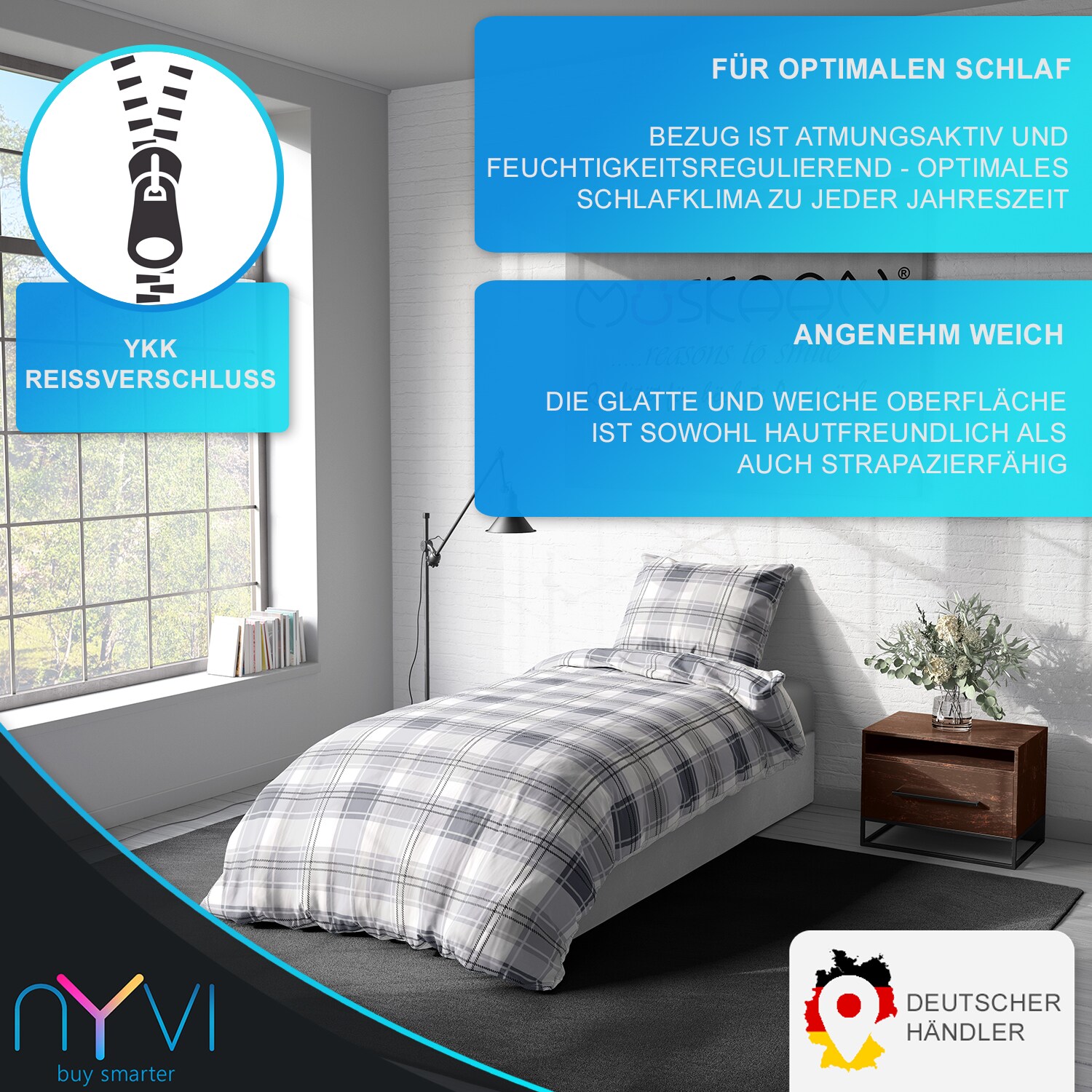 NYVI Bettwäsche Set DreamScience Renforcé Design - Atmungsaktiv & Weich - 100% Baumwolle