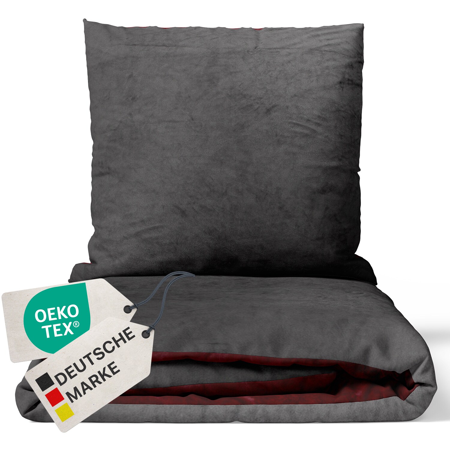 NYVI Winter Bettw&auml;sche Set DreamScience Cashmere Touch - Kuschelweich & W&auml;rmend - Mit Rei&szlig;verschluss Gr&ouml;&szlig;e:135x200 + 80x80 cm;Farbe:anthrazit/bordeaux - Bild 1