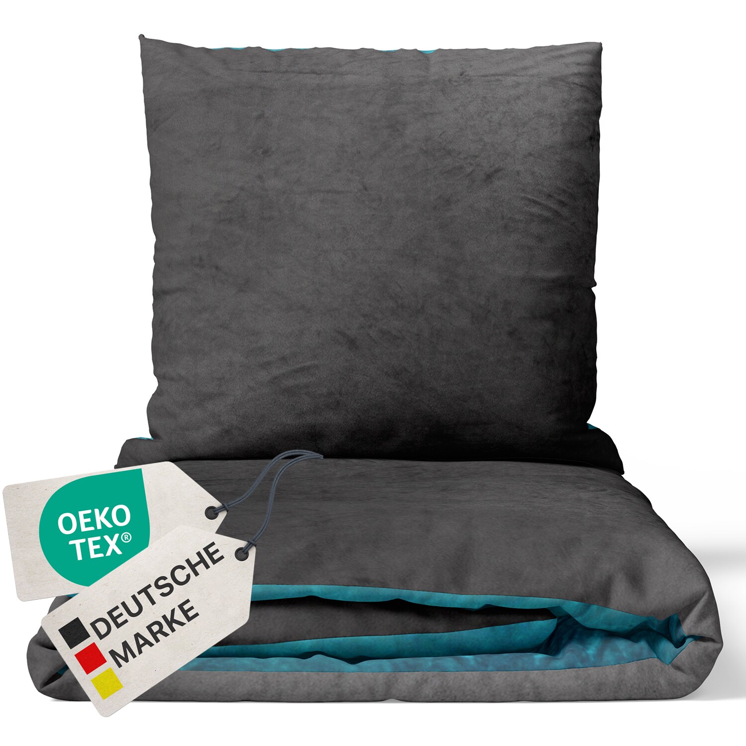 NYVI Winter Bettw&auml;sche Set DreamScience Cashmere Touch - Kuschelweich & W&auml;rmend - Mit Rei&szlig;verschluss Gr&ouml;&szlig;e:155x220 + 80x80 cm;Farbe:anthrazit/petrol - Bild 1