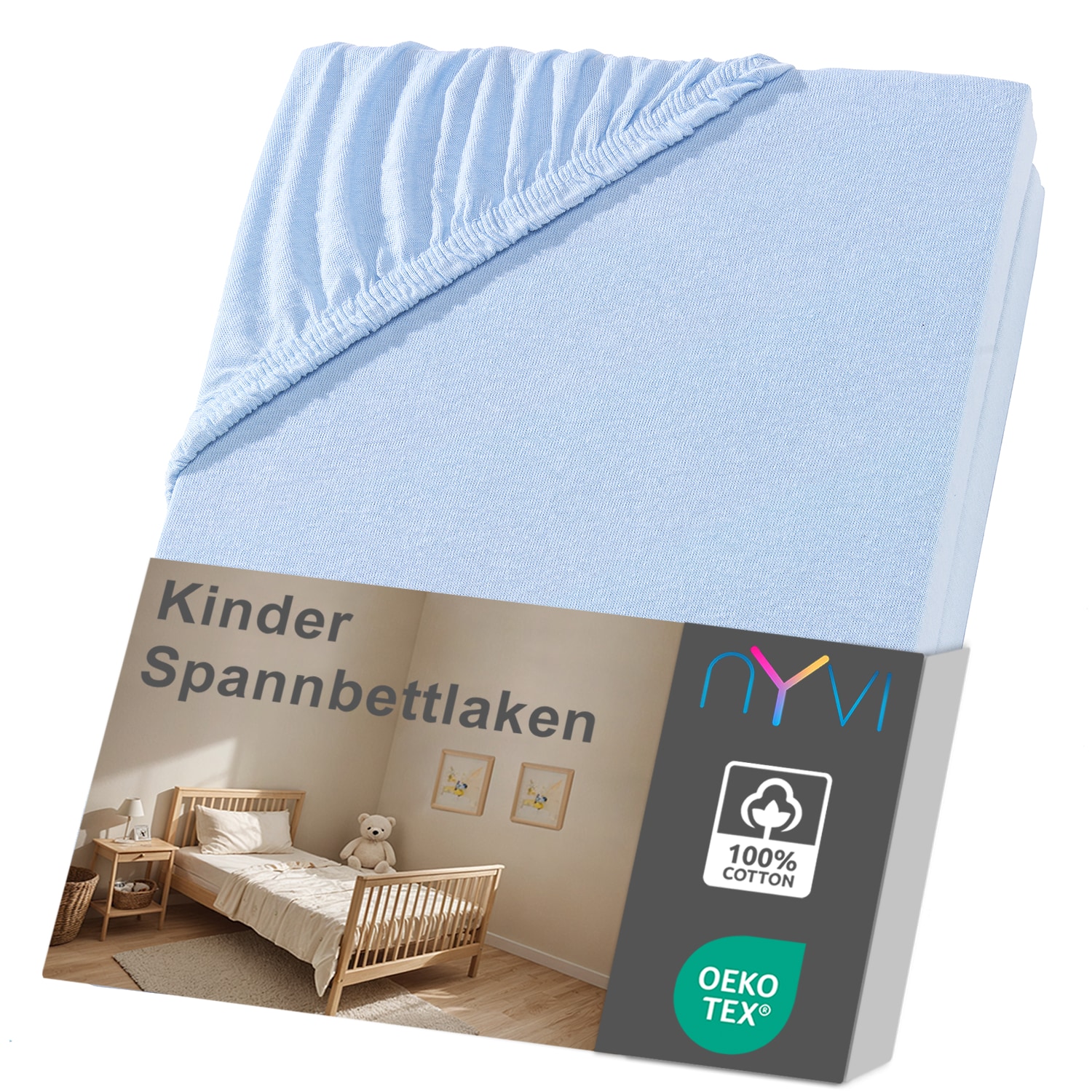 NYVI Kinder Spannbettlaken Junior f&uuml;r Kinderbettmatratzen bis 12cm H&ouml;he - Weich & Anschmiegsam, Rundumgummizug, B&uuml;gelfrei Gr&ouml;&szlig;e:70x140 cm;Farbe:hellblau - Bild 1