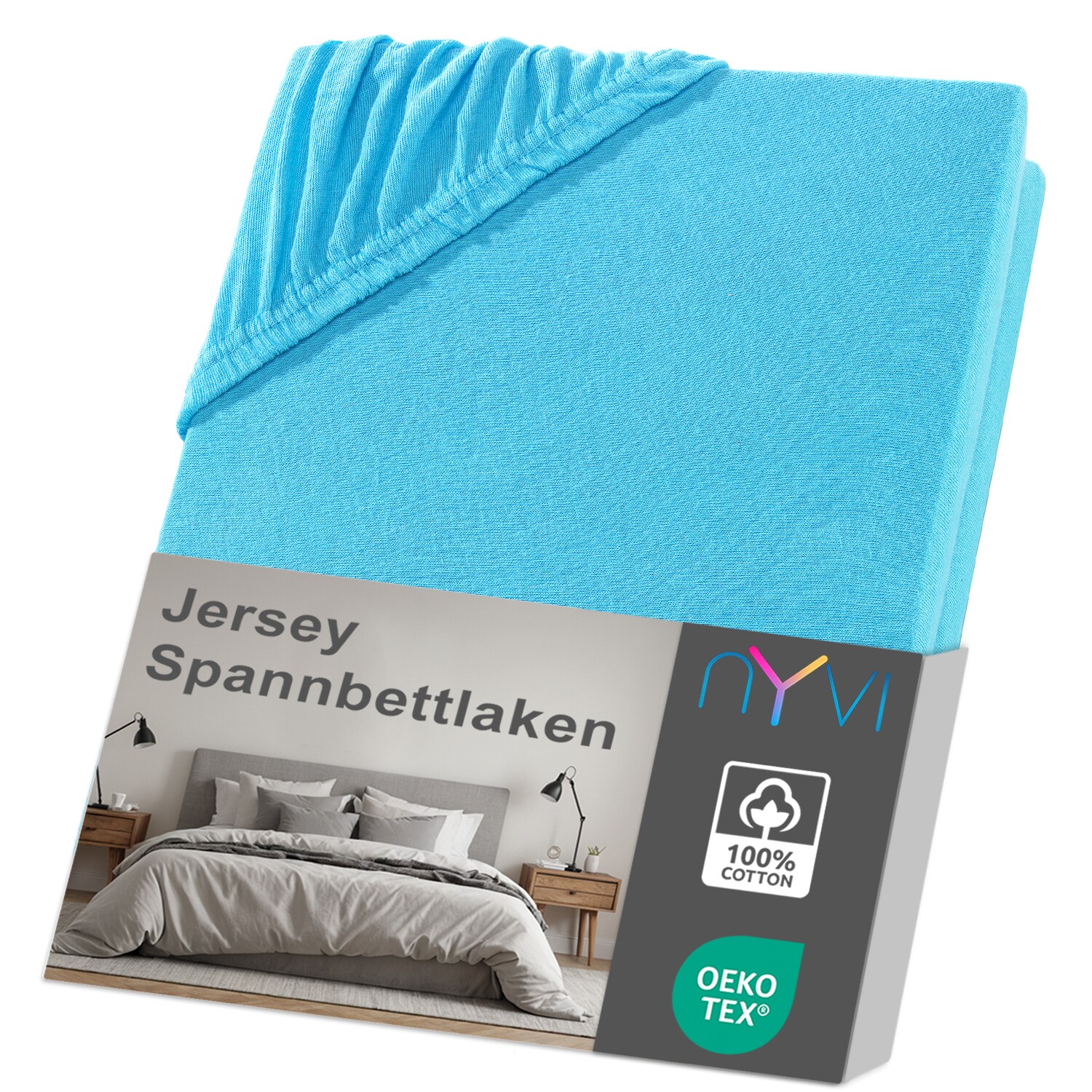 NYVI Jersey Spannbettlaken DreamScience f&uuml;r Matratzen bis 22 cm H&ouml;he - Weich & Anschmiegsam, Rundumgummizug, B&uuml;gelfrei Farbe:t&uuml;rkis;Gr&ouml;&szlig;e:120x200 - 130x200 cm - Bild 1