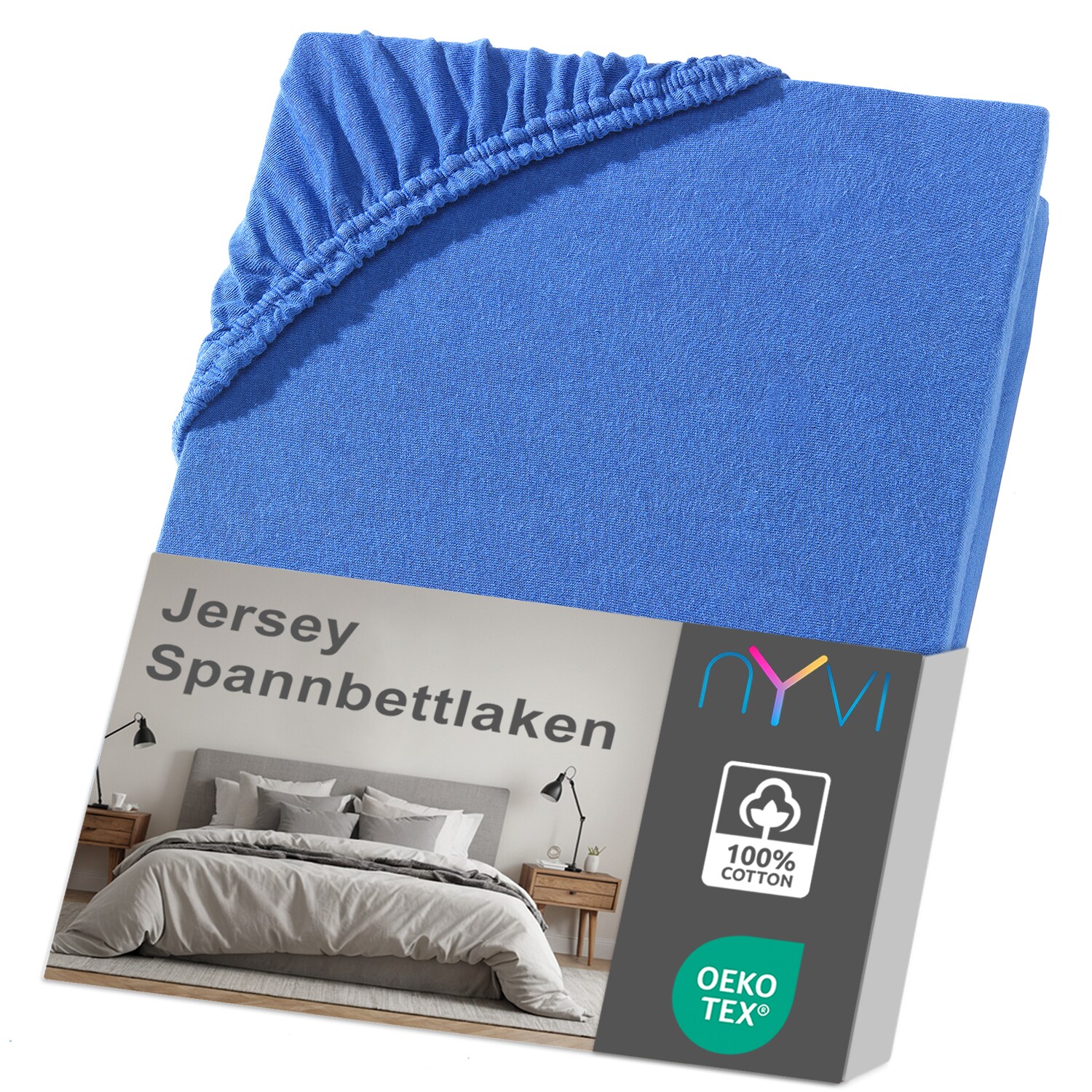 NYVI Jersey Spannbettlaken DreamScience f&uuml;r Matratzen bis 22 cm H&ouml;he - Weich & Anschmiegsam, Rundumgummizug, B&uuml;gelfrei Farbe:royalblau;Gr&ouml;&szlig;e:120x200 - 130x200 cm - Bild 1