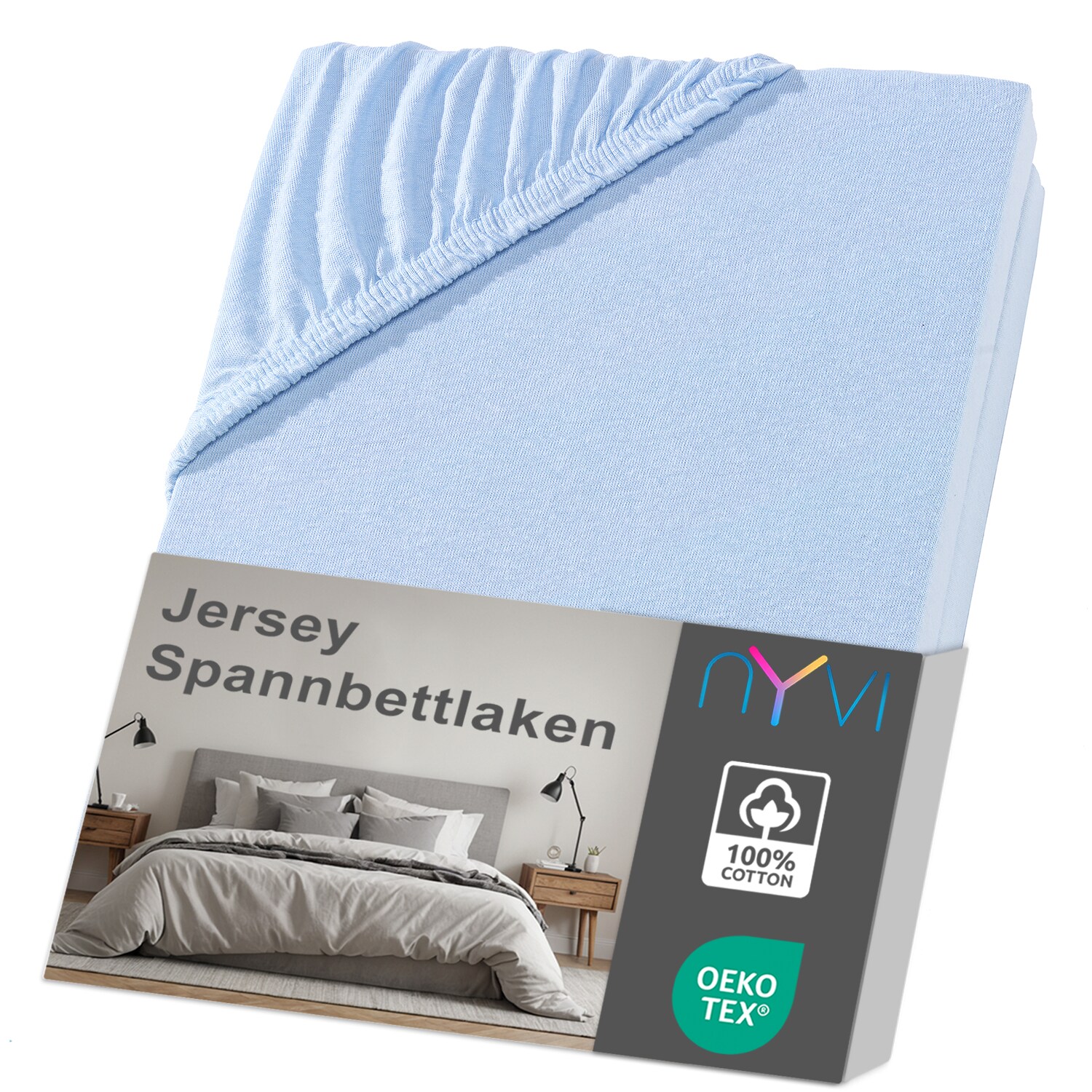 NYVI Jersey Spannbettlaken DreamScience f&uuml;r Matratzen bis 22 cm H&ouml;he - Weich & Anschmiegsam, Rundumgummizug, B&uuml;gelfrei Farbe:hellblau;Gr&ouml;&szlig;e:90x200 - 100x200 cm - Bild 1