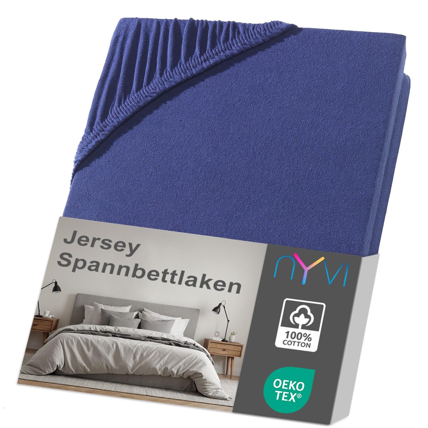 NYVI Jersey Spannbettlaken DreamScience f&uuml;r Matratzen bis 22 cm H&ouml;he - Weich & Anschmiegsam, Rundumgummizug, B&uuml;gelfrei Farbe:navyblau;Gr&ouml;&szlig;e:90x200 - 100x200 cm - Bild 1
