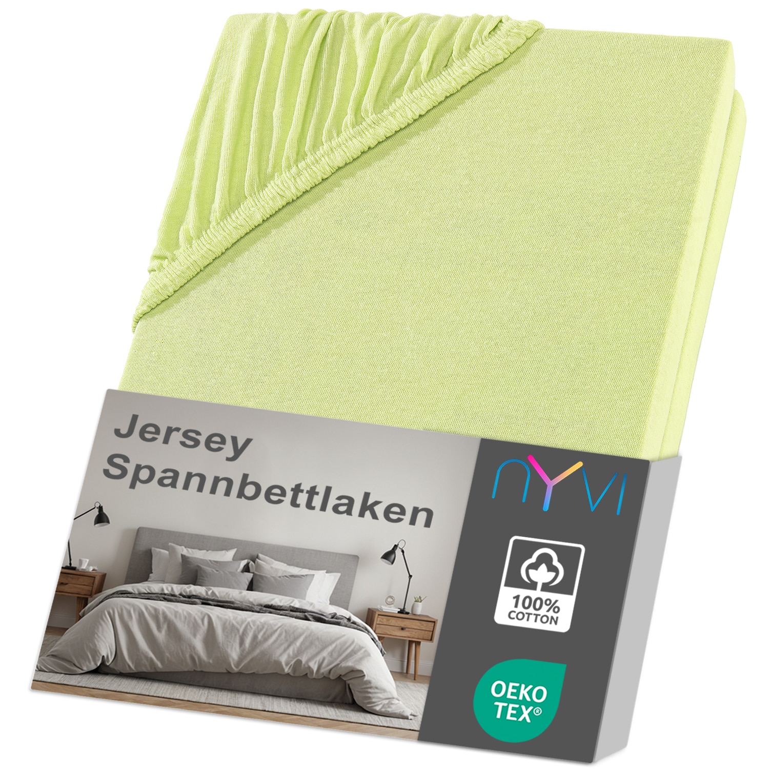 NYVI Jersey Spannbettlaken DreamScience f&uuml;r Matratzen bis 22 cm H&ouml;he - Weich & Anschmiegsam, Rundumgummizug, B&uuml;gelfrei Farbe:apfelgr&uuml;n;Gr&ouml;&szlig;e:90x200 - 100x200 cm - Bild 1
